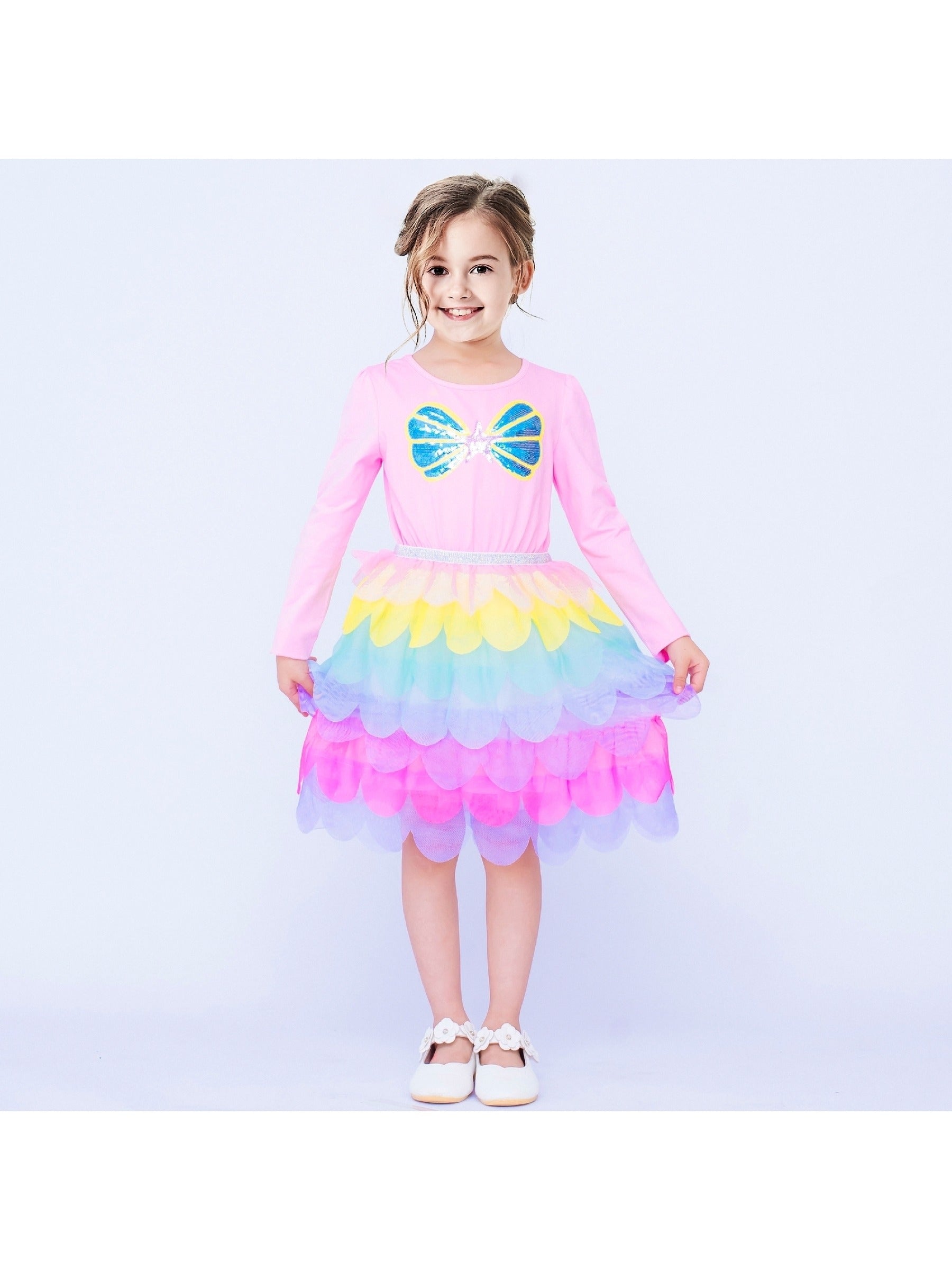 Girls Dress Rainbow Colorful Tulle Skirt Long Sleeve Holiday Party Pink
