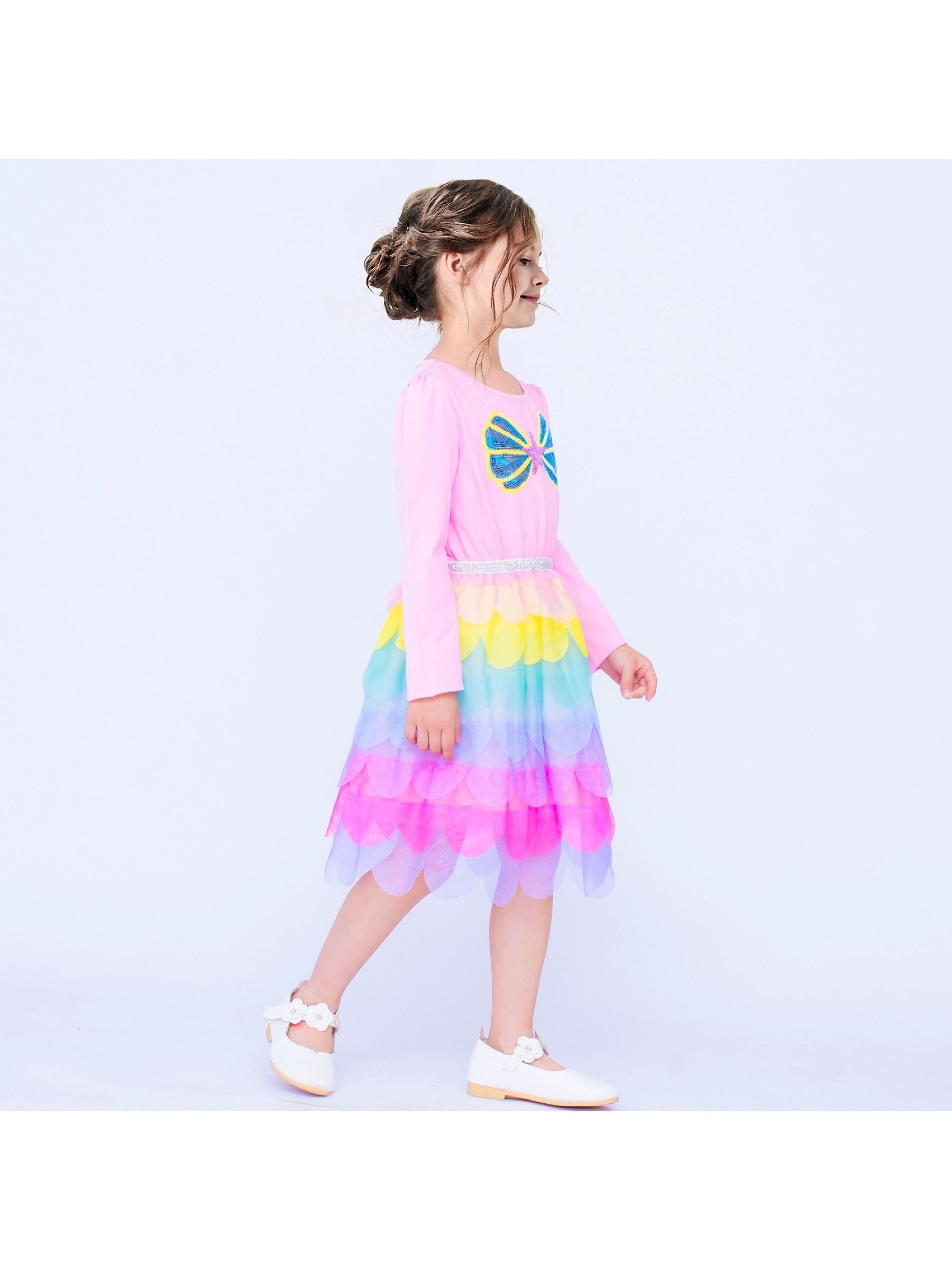 Girls Dress Rainbow Colorful Tulle Skirt Long Sleeve Holiday Party Pink