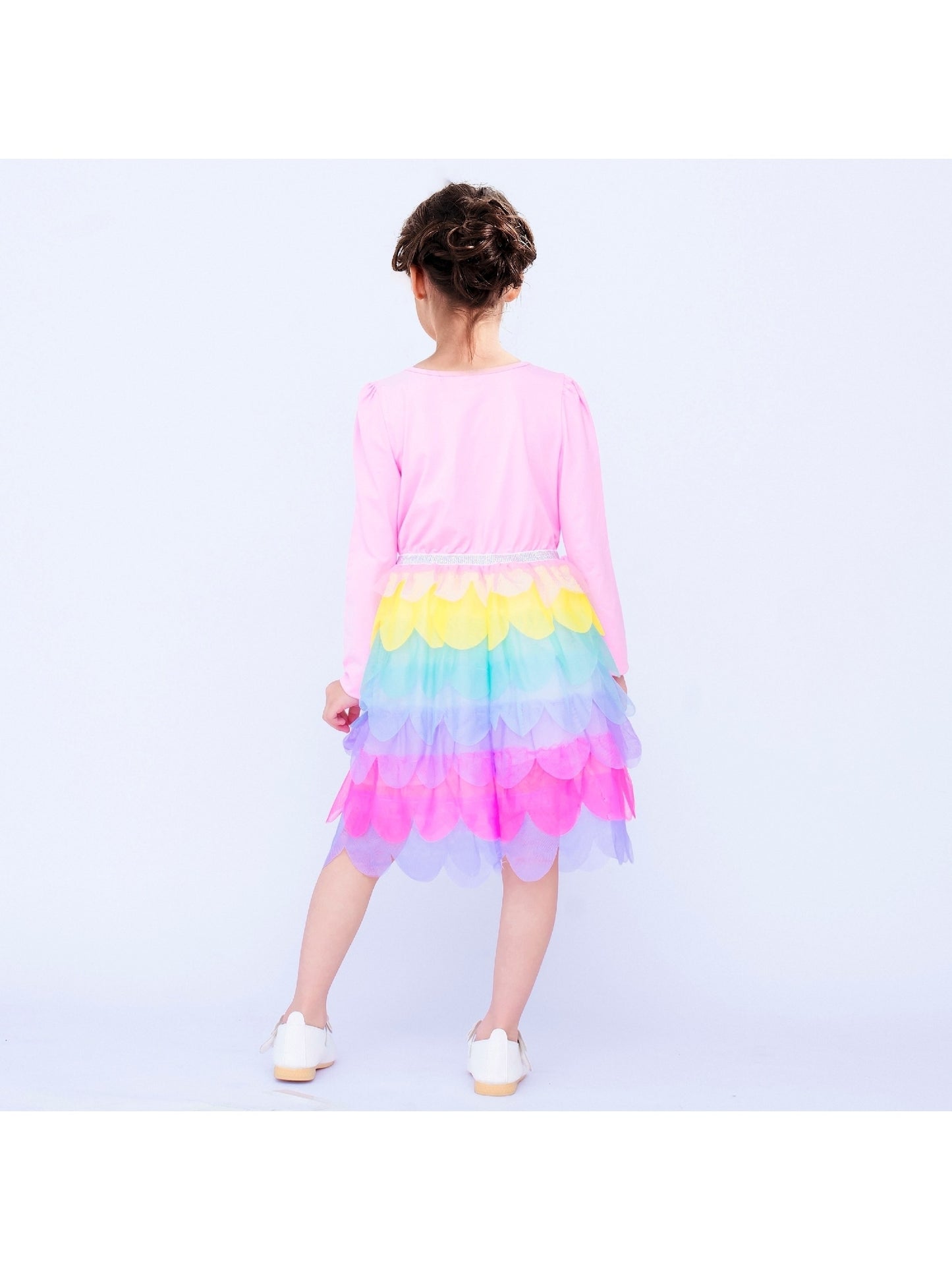 Girls Dress Rainbow Colorful Tulle Skirt Long Sleeve Holiday Party Pink