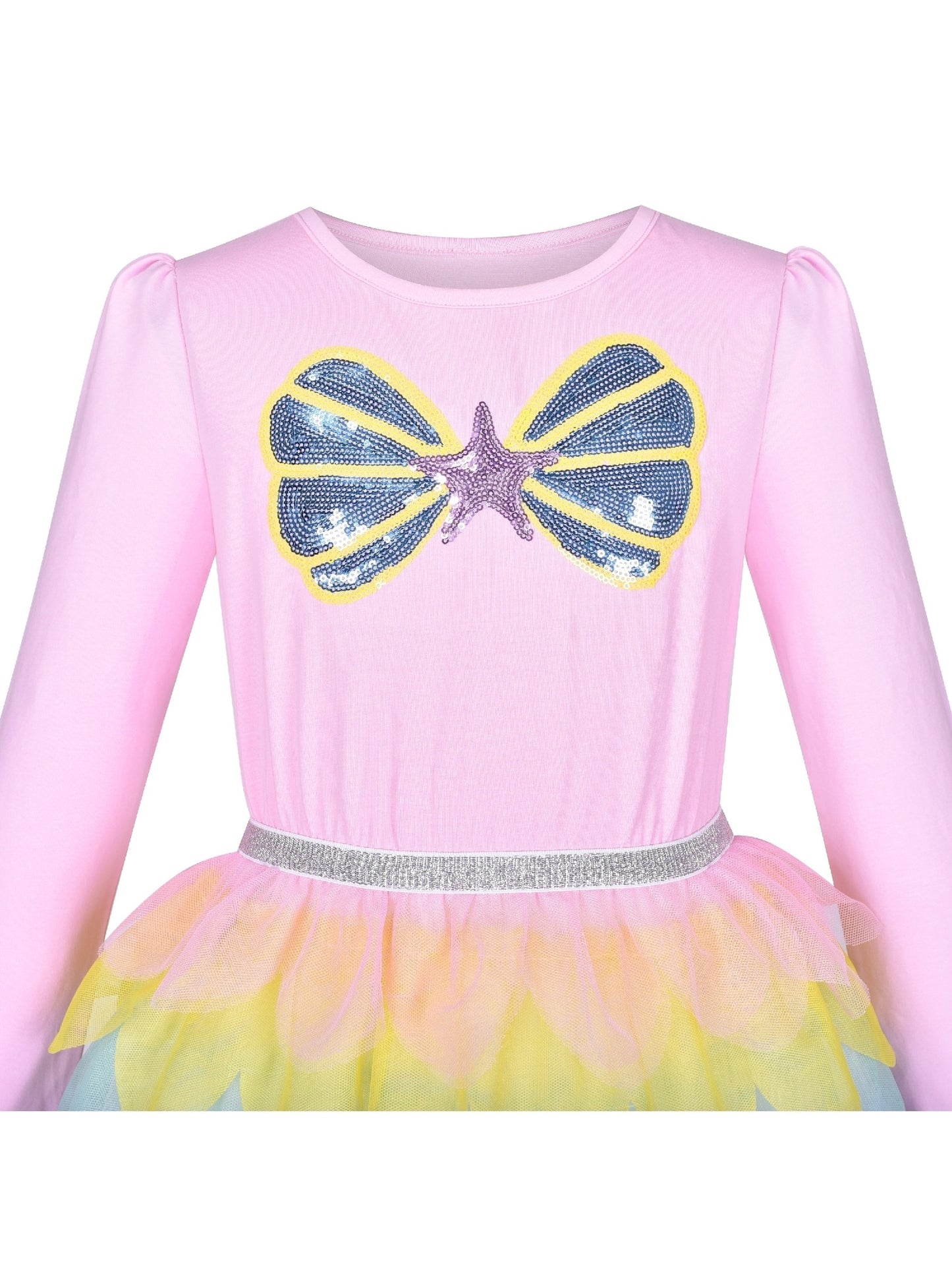 Girls Dress Rainbow Colorful Tulle Skirt Long Sleeve Holiday Party Pink