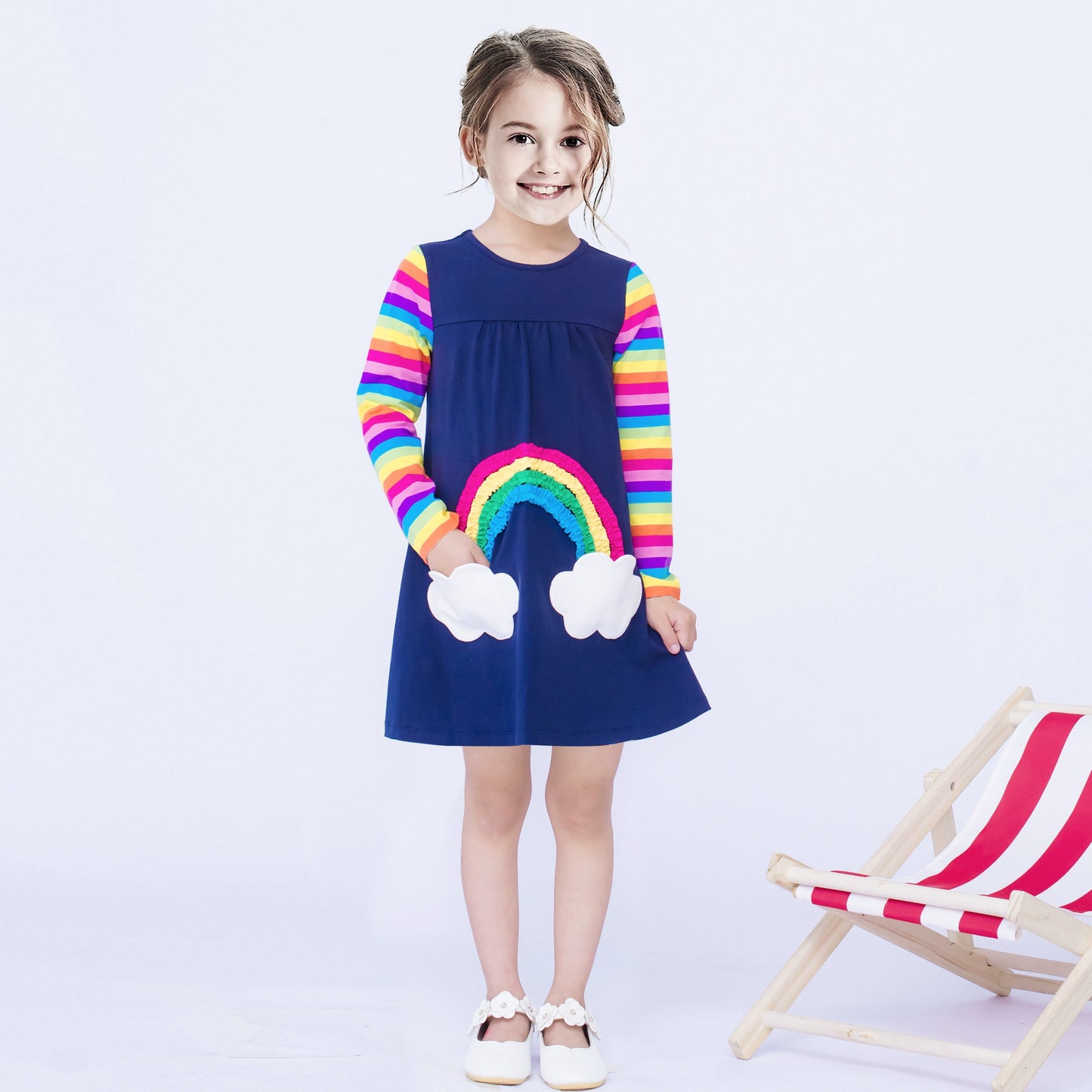 Girls Dress Christmas Santa Pink Cotton Long Sleeve Blue
