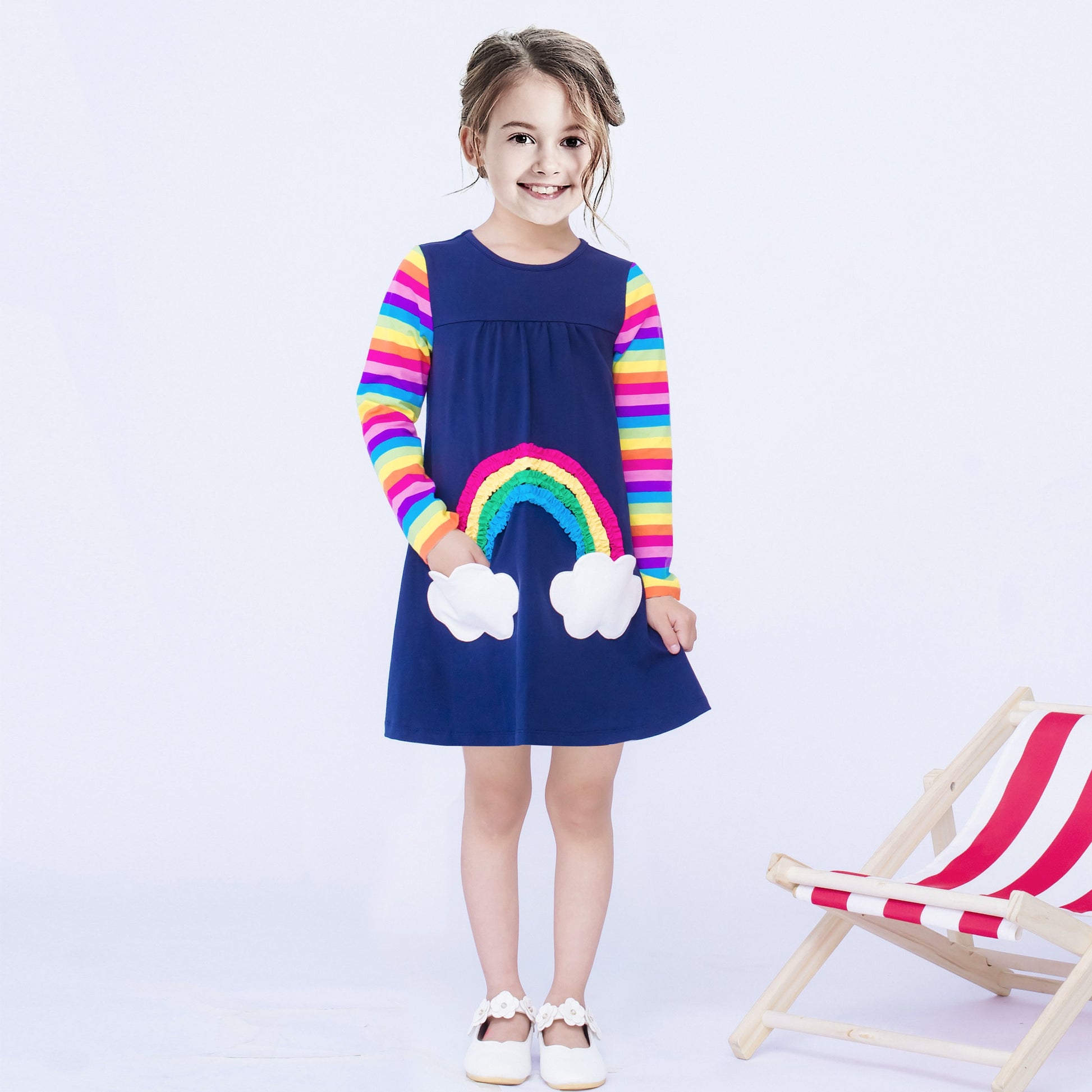 Girls Dress Christmas Santa Pink Cotton Long Sleeve Blue