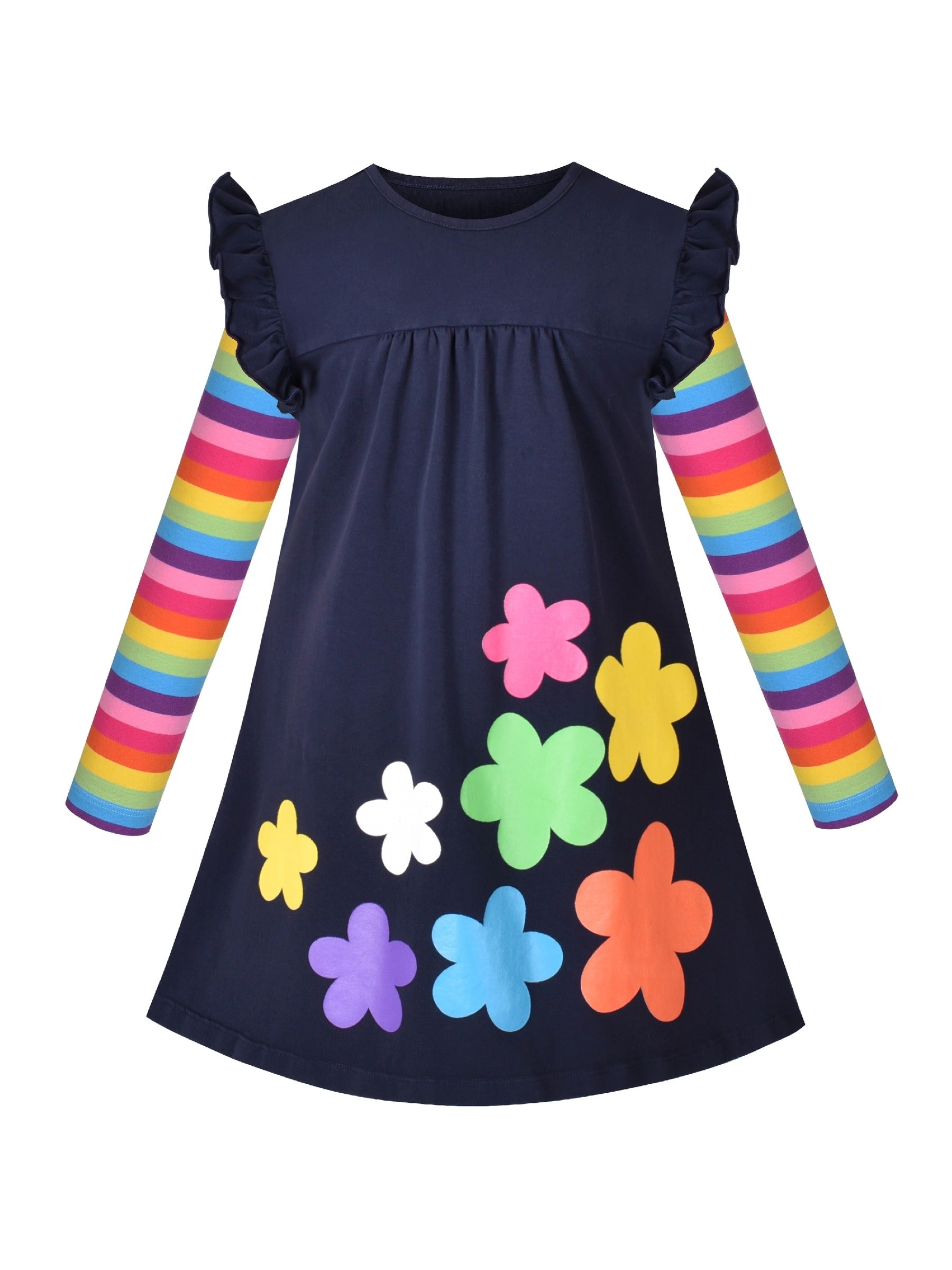 Girls Dress Long Sleeve Cotton Cartoon Sequins Pink Striped Dress Blue