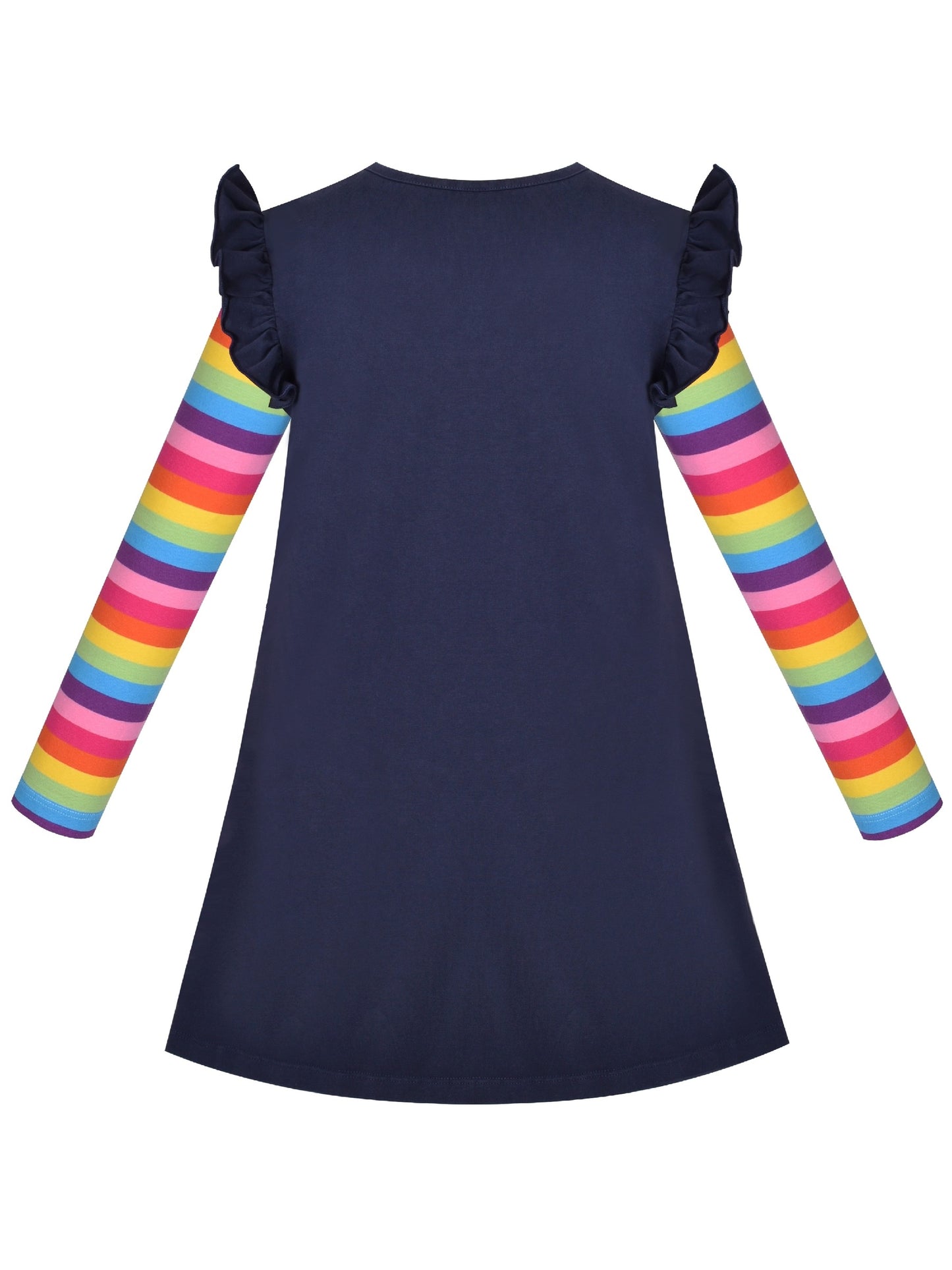 Girls Dress Long Sleeve Cotton Cartoon Sequins Pink Striped Dress Blue