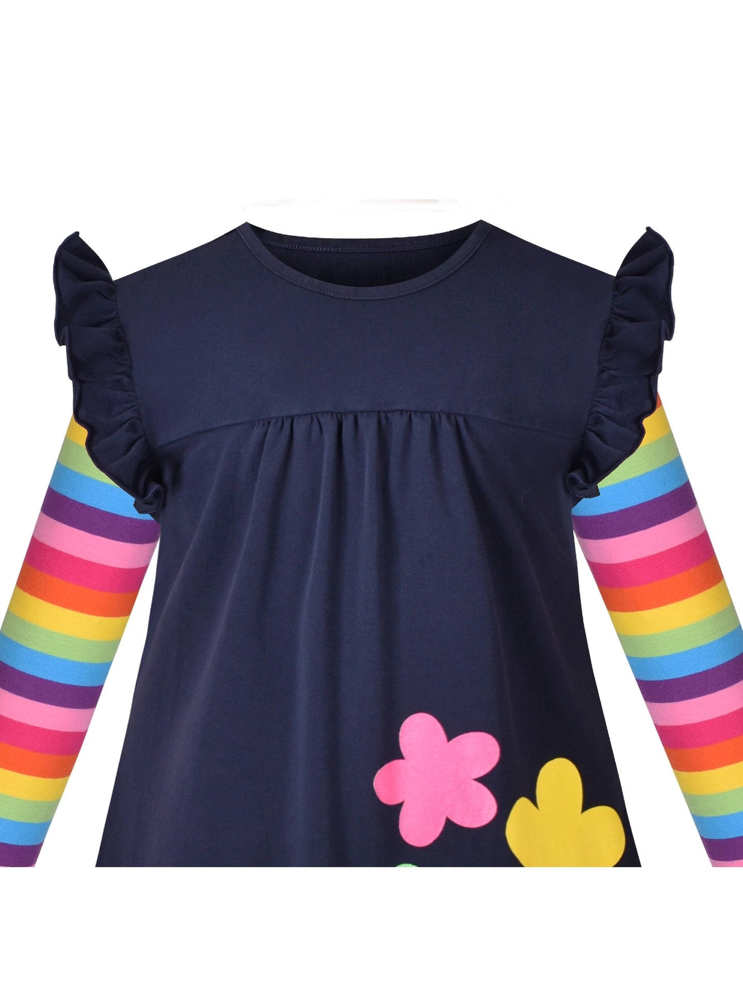 Girls Dress Long Sleeve Cotton Cartoon Sequins Pink Striped Dress Blue