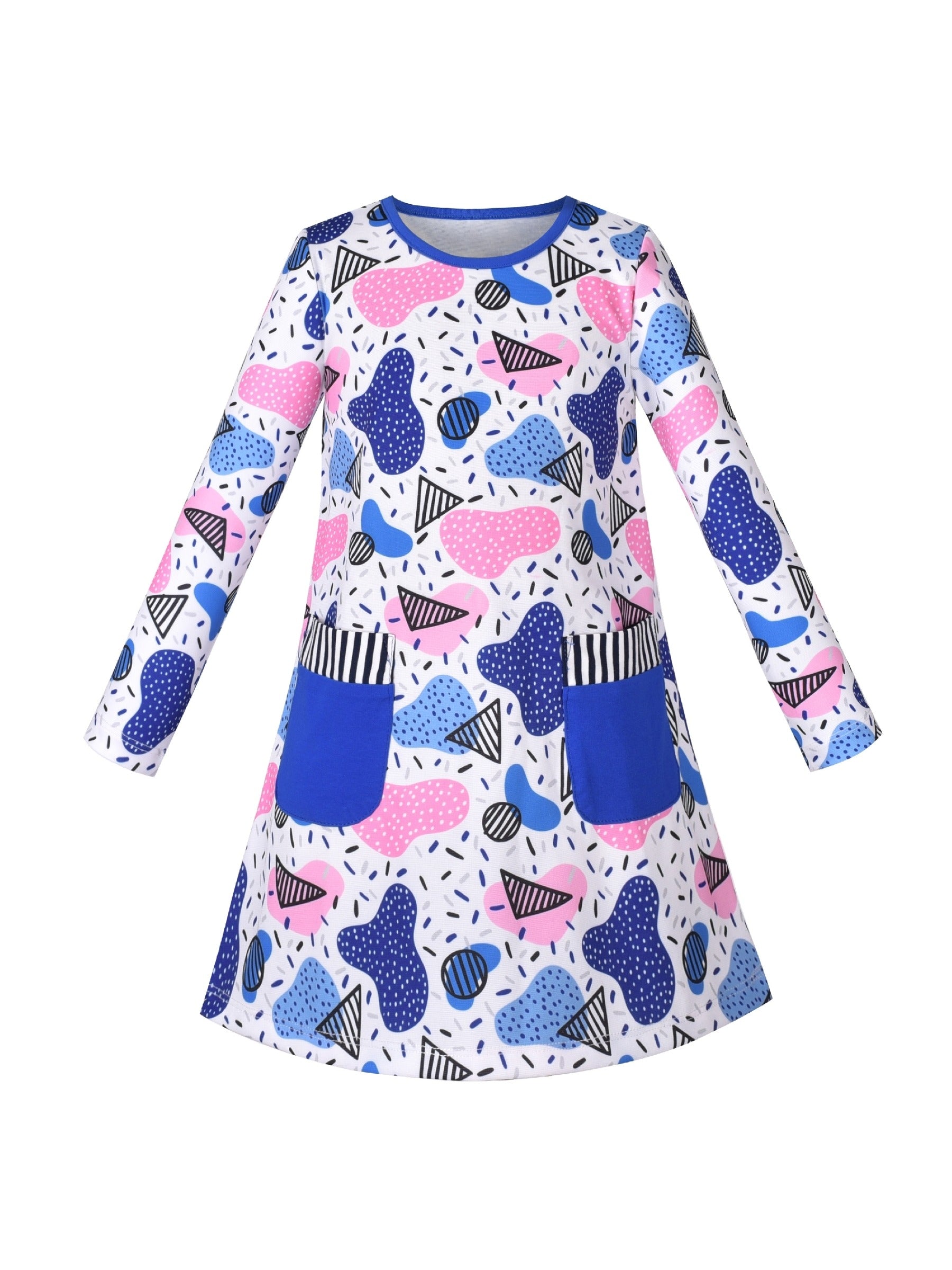 Girls Dress Long Sleeve Cotton Cartoon Sequins Pink Striped Dress Multi-Color