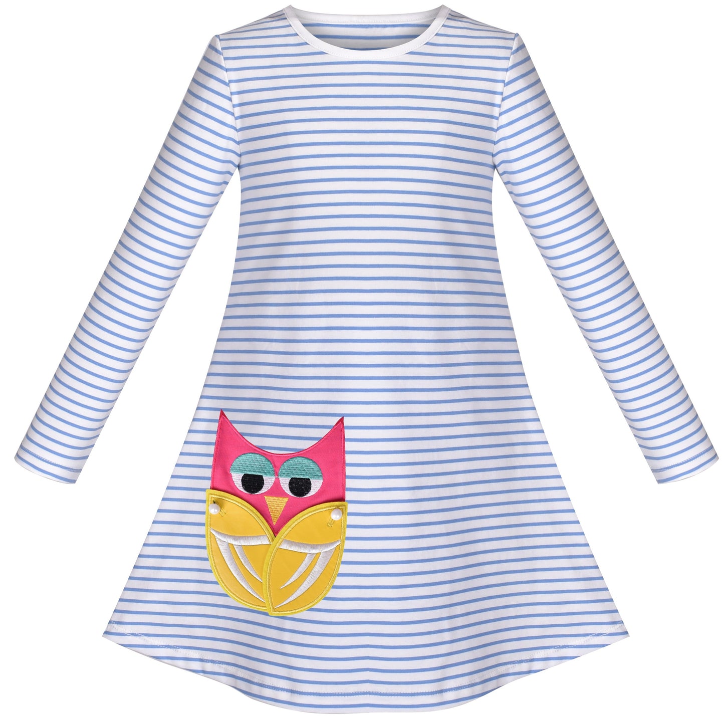 Girls Dress Long Sleeve Cotton Cartoon Sequins Pink Striped Dress Blue