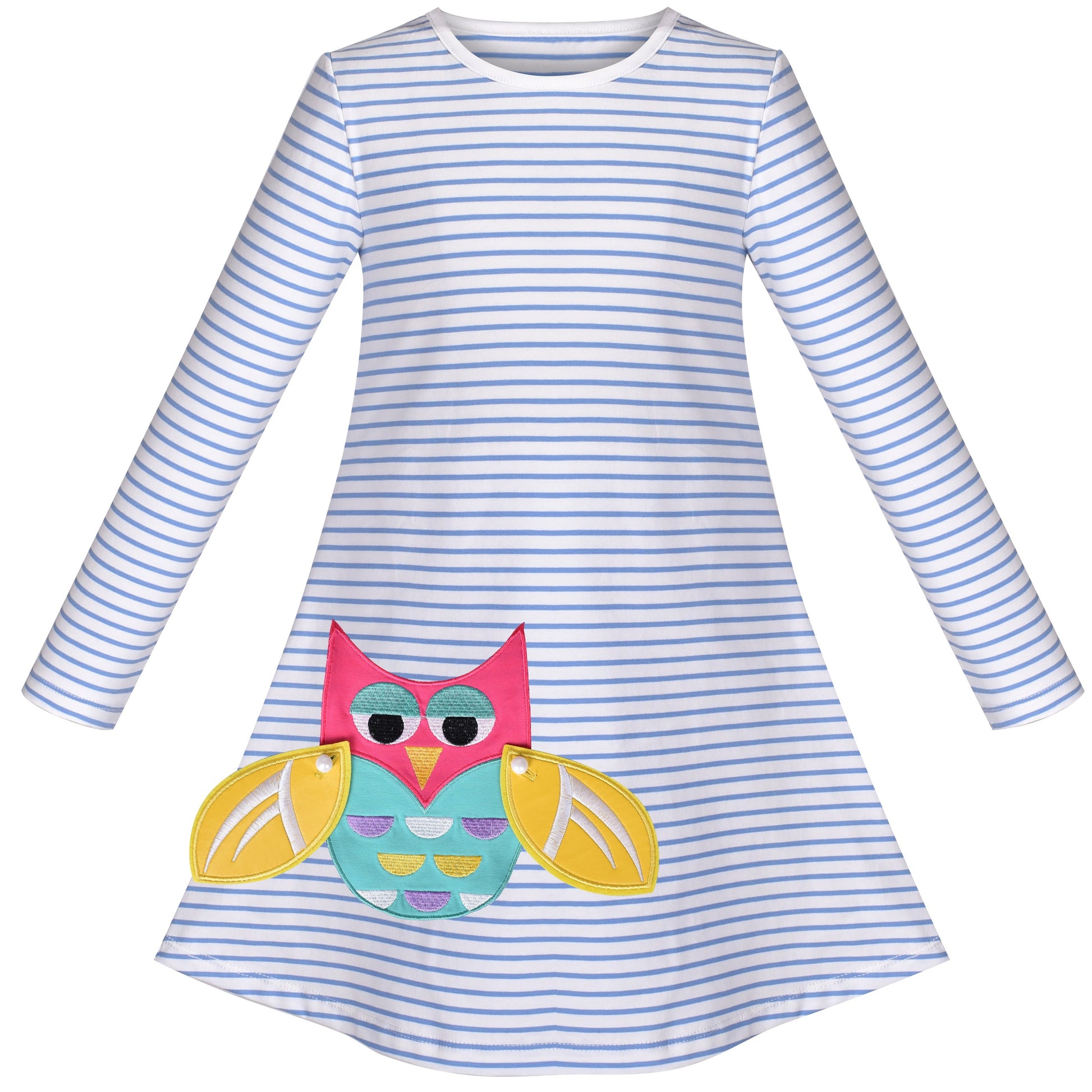 Girls Dress Long Sleeve Cotton Cartoon Sequins Pink Striped Dress Blue