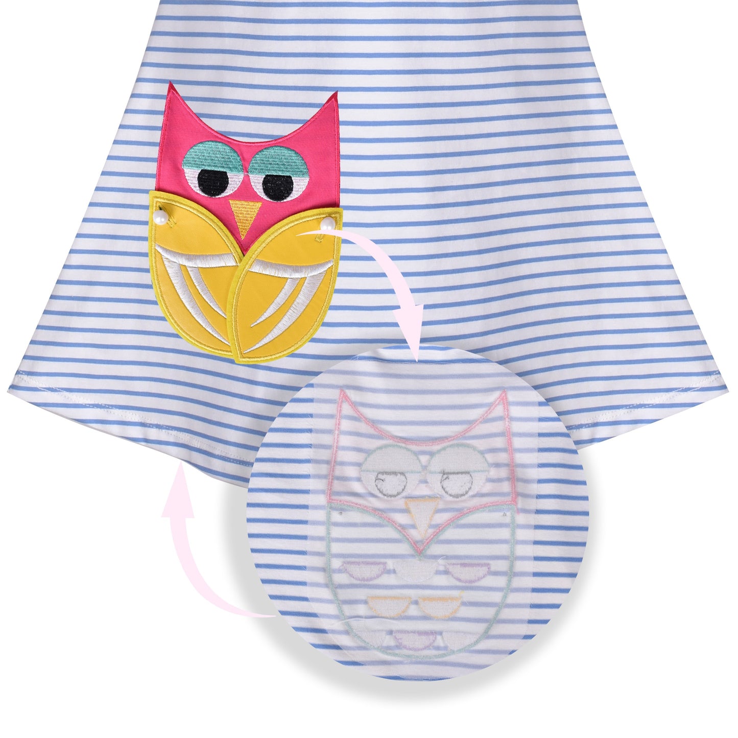 Girls Dress Long Sleeve Cotton Cartoon Sequins Pink Striped Dress Blue