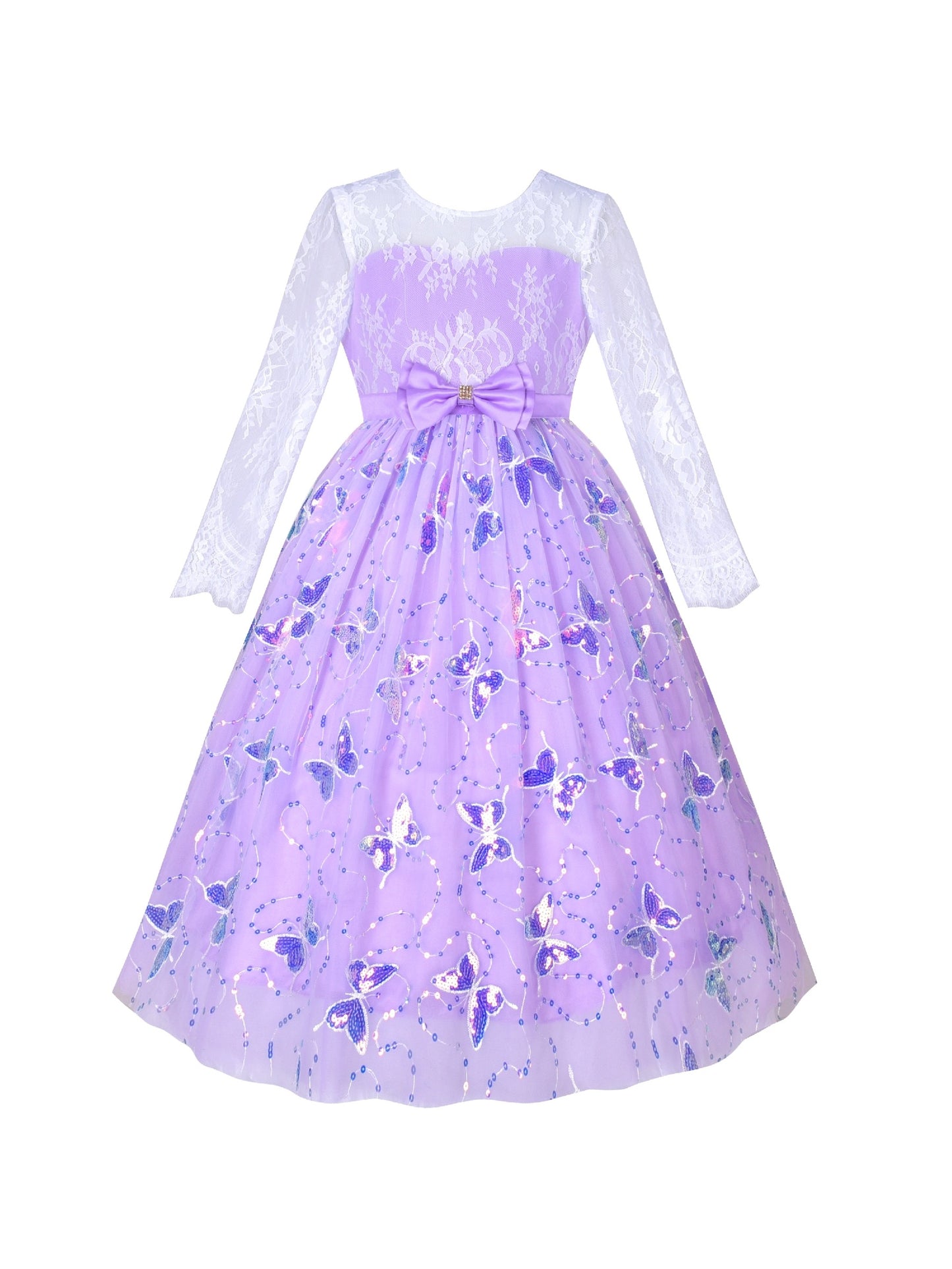 Flower Girl Dress Lace V Shape Back Butterfly Wedding Bridesmaid Party Purple
