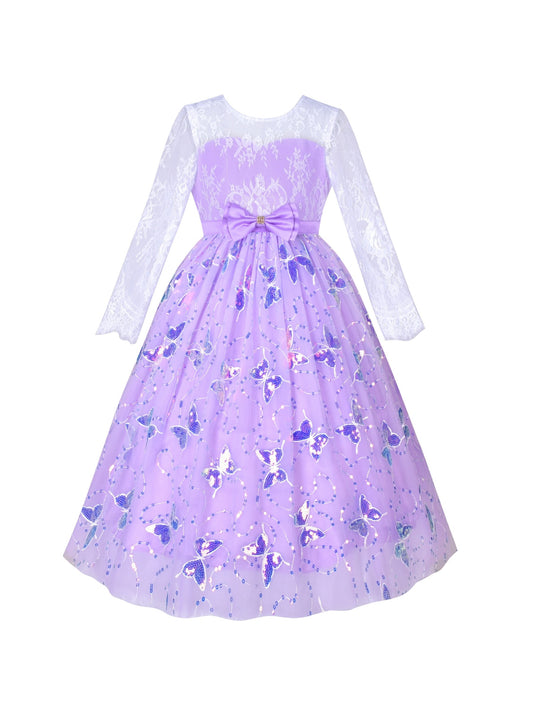 Flower Girl Dress Lace V Shape Back Butterfly Wedding Bridesmaid Party Purple