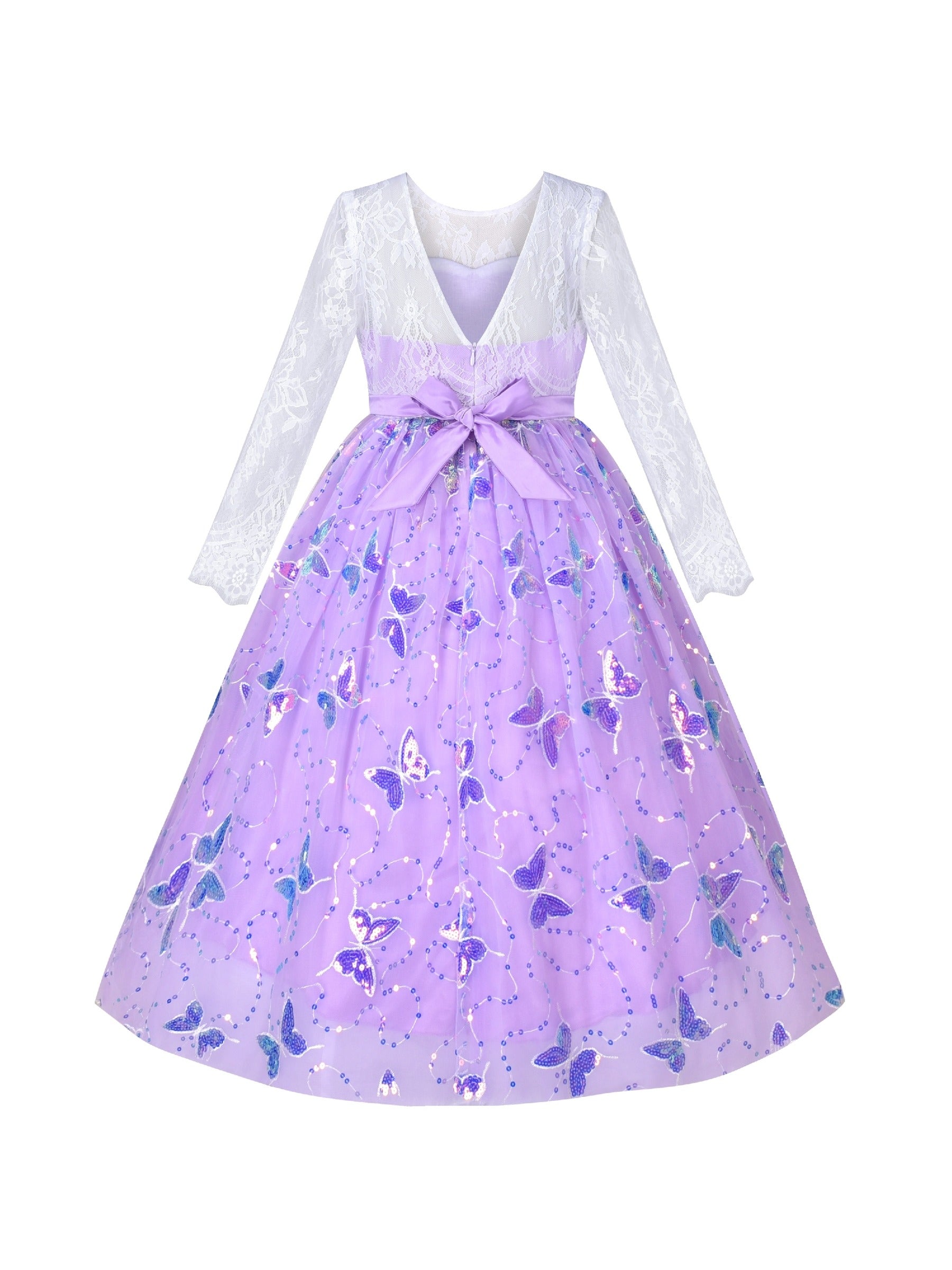 Flower Girl Dress Lace V Shape Back Butterfly Wedding Bridesmaid Party Purple