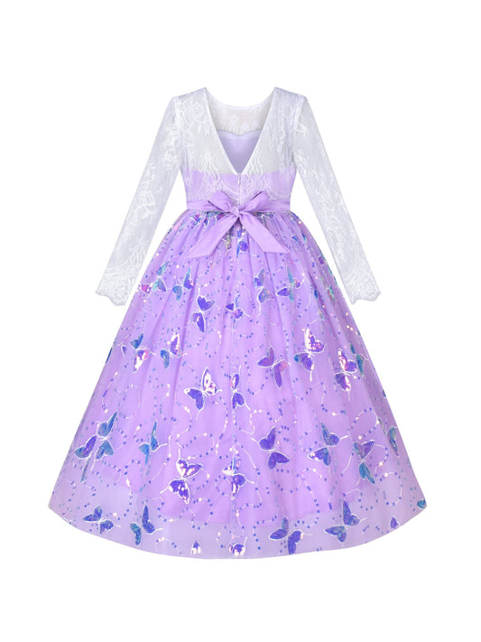 Flower Girl Dress Lace V Shape Back Butterfly Wedding Bridesmaid Party Purple