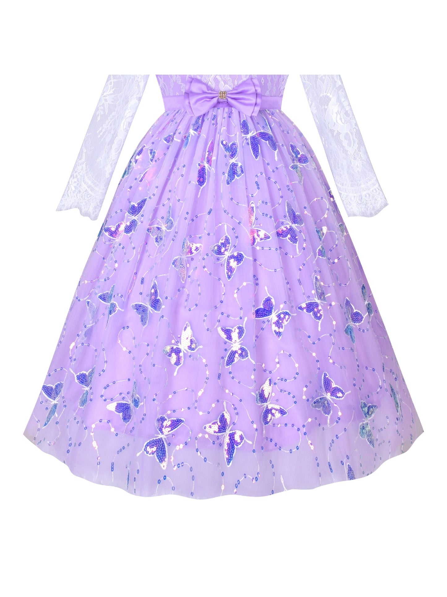 Flower Girl Dress Lace V Shape Back Butterfly Wedding Bridesmaid Party Purple