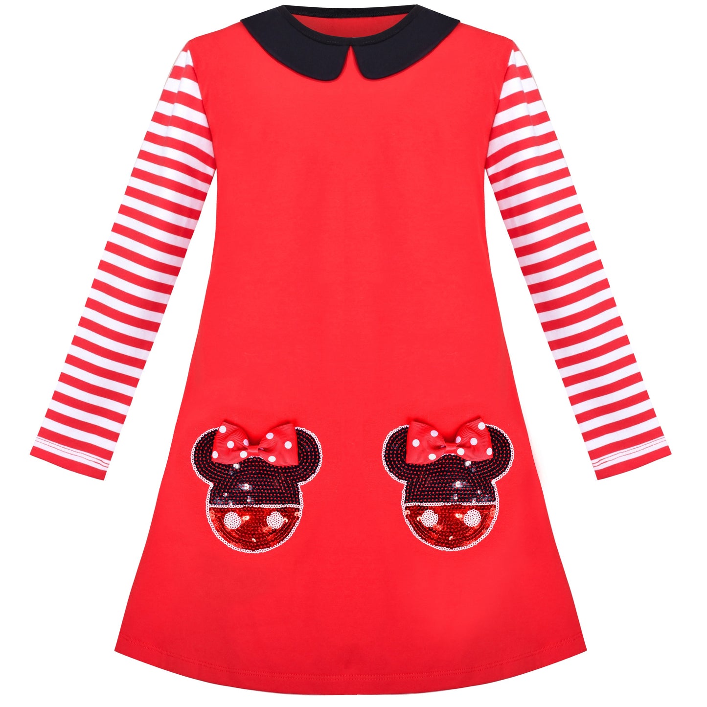 Girls Dress Long Sleeve Cotton Cartoon Sequins Pink Striped Dress Red