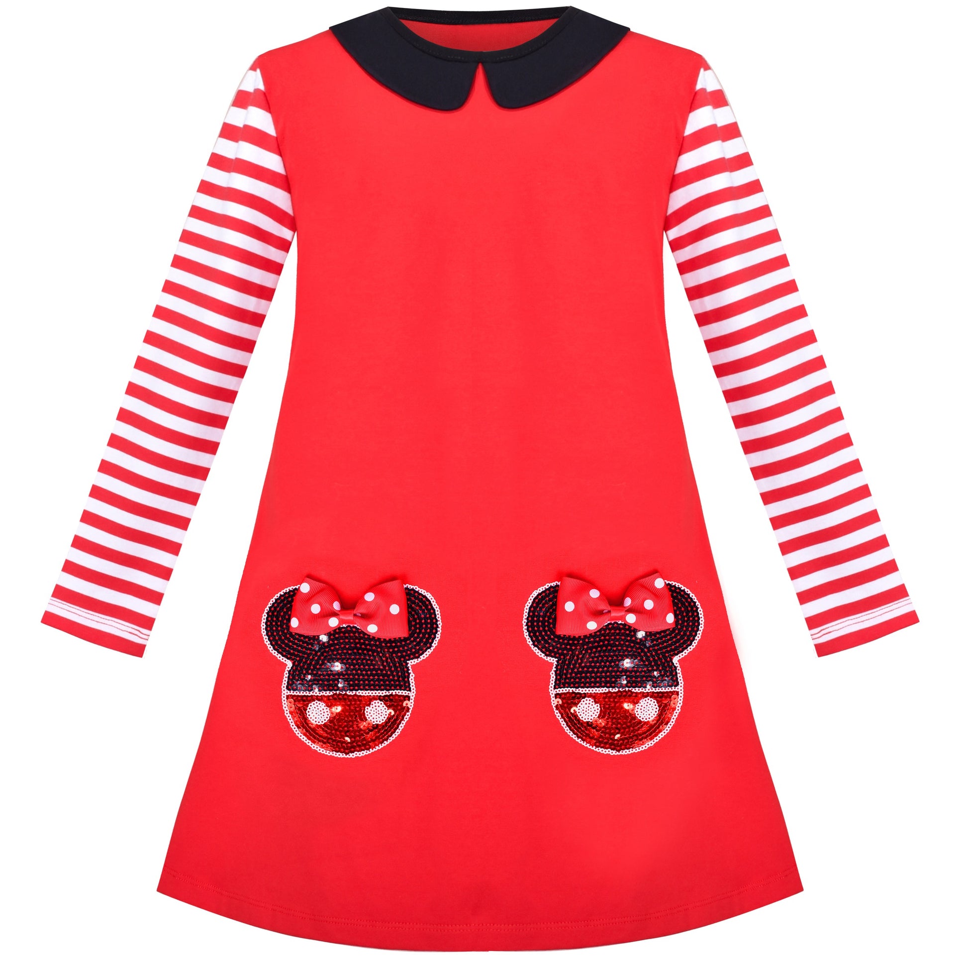 Girls Dress Long Sleeve Cotton Cartoon Sequins Pink Striped Dress Red
