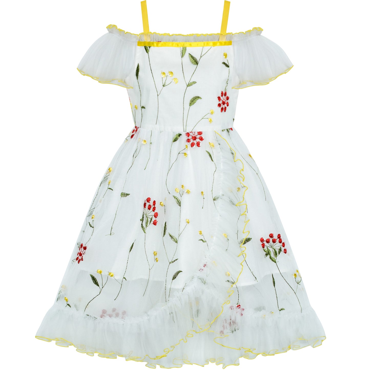 Girls Dress Cold Shoulder Sleeveless Lace Flower Ruffle White