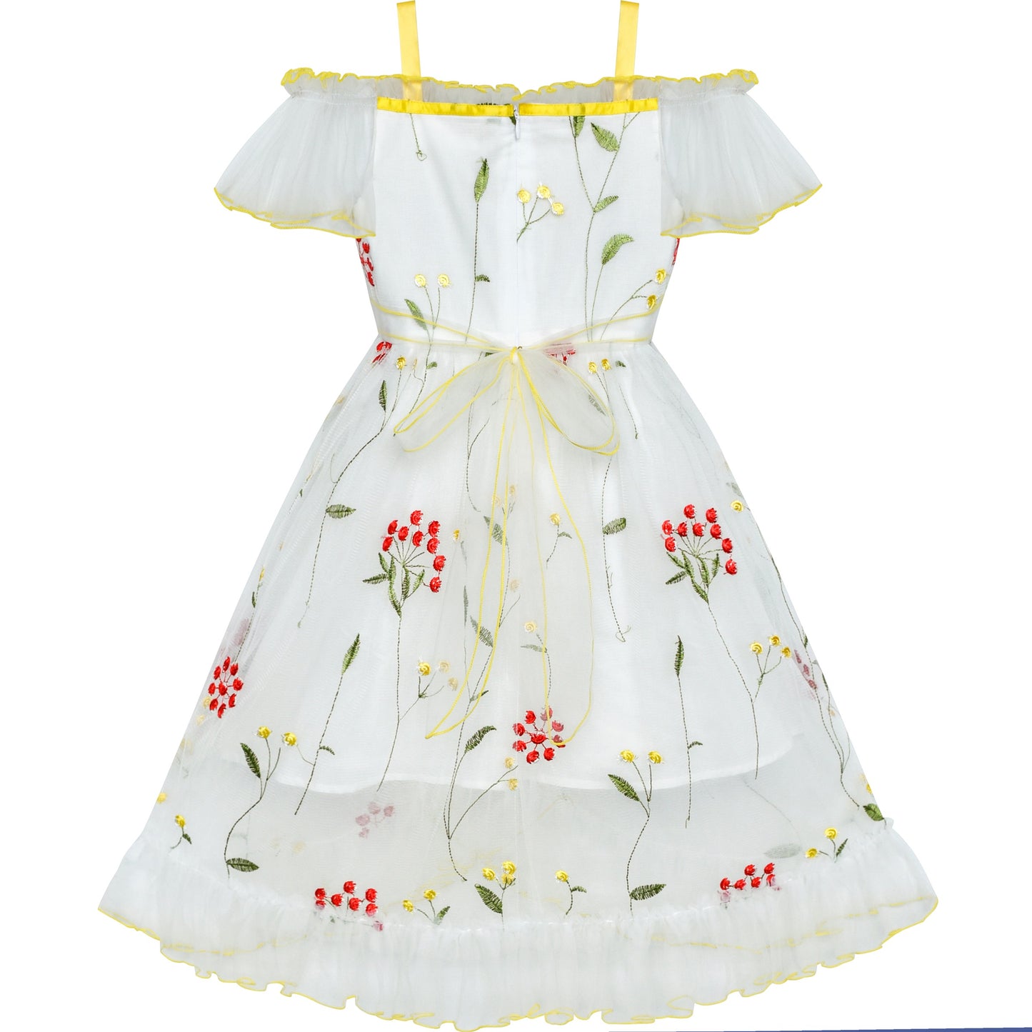 Girls Dress Cold Shoulder Sleeveless Lace Flower Ruffle White