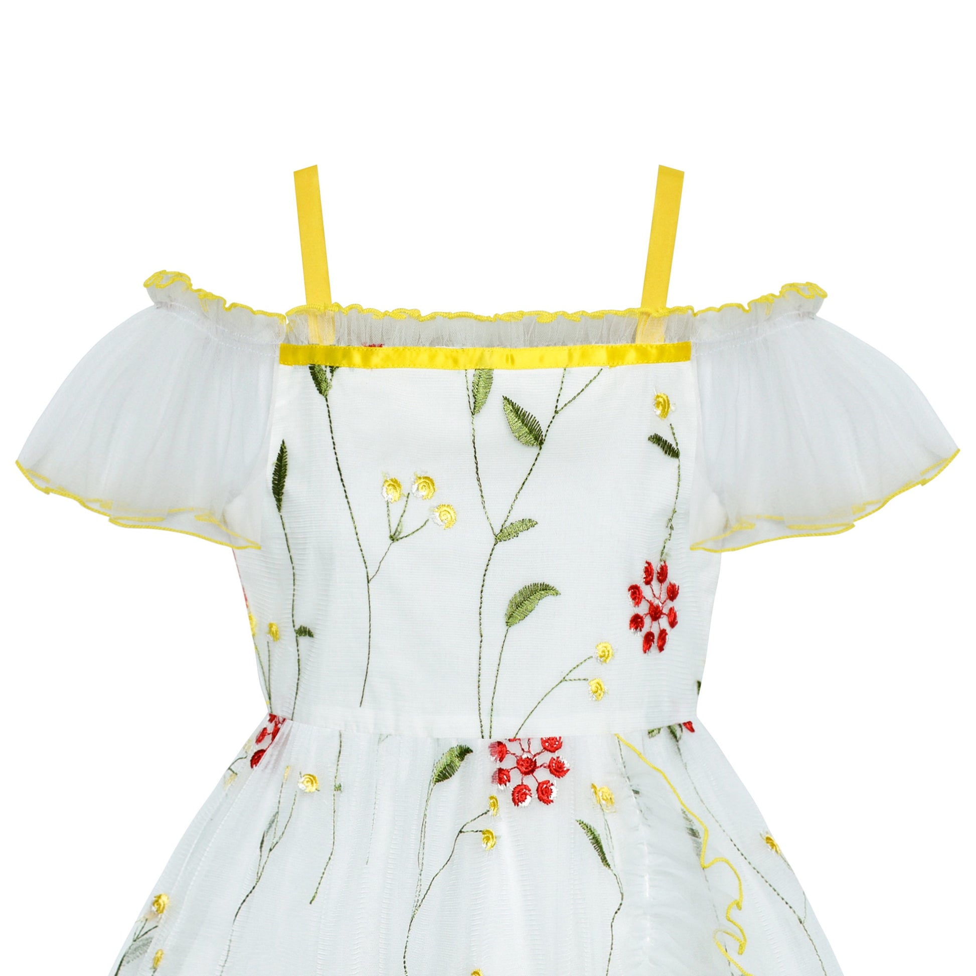Girls Dress Cold Shoulder Sleeveless Lace Flower Ruffle White