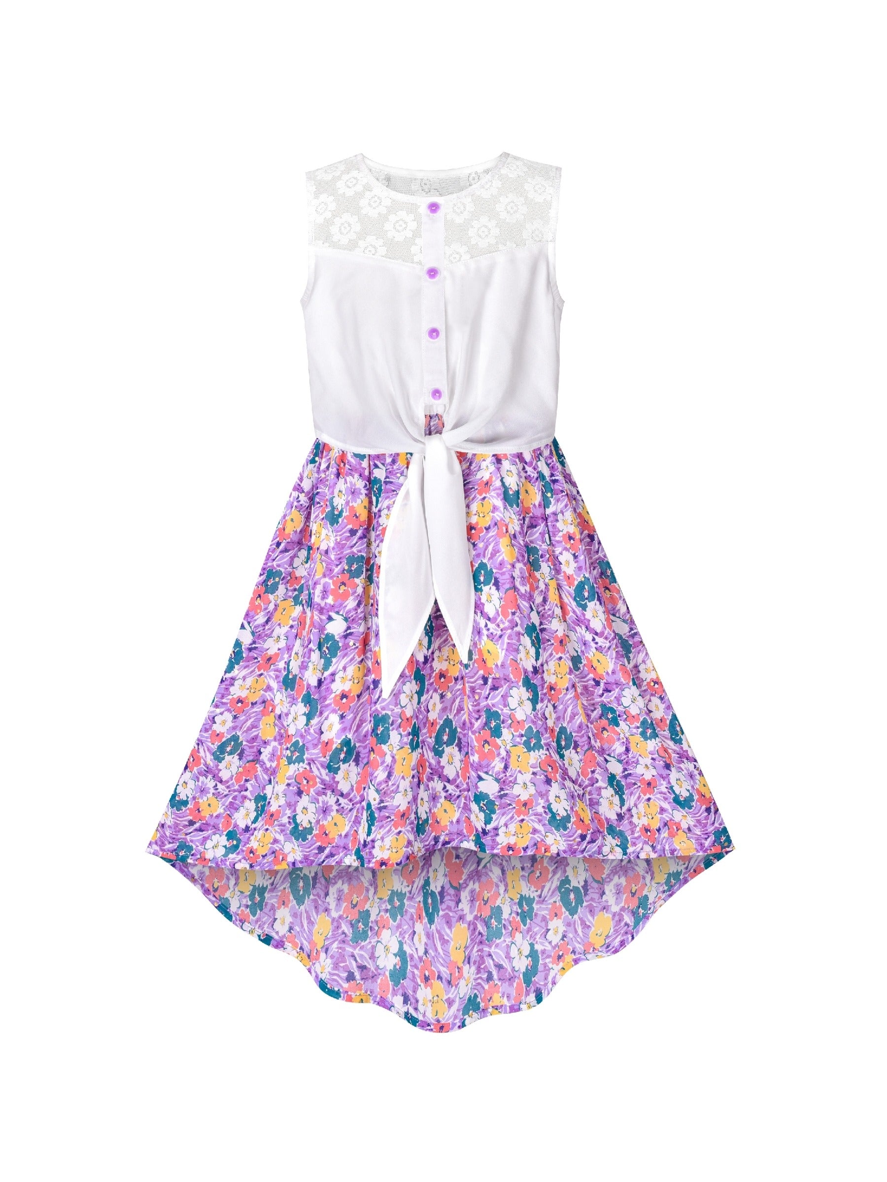 Girls Dress Lace to Chiffon Striped Black White Tied Waist Purple