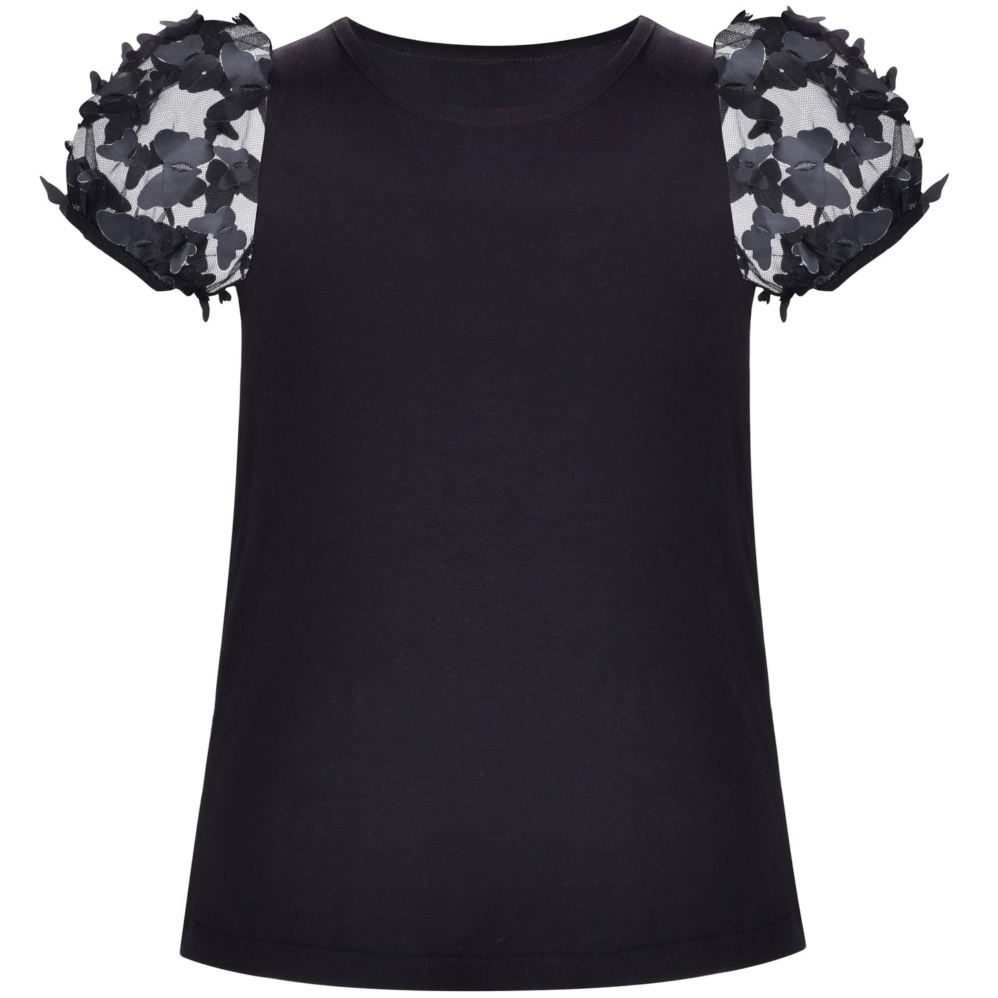 Girls Short Sleeve Tee T-Shirt Gray Butterfly Collar Cotton Black