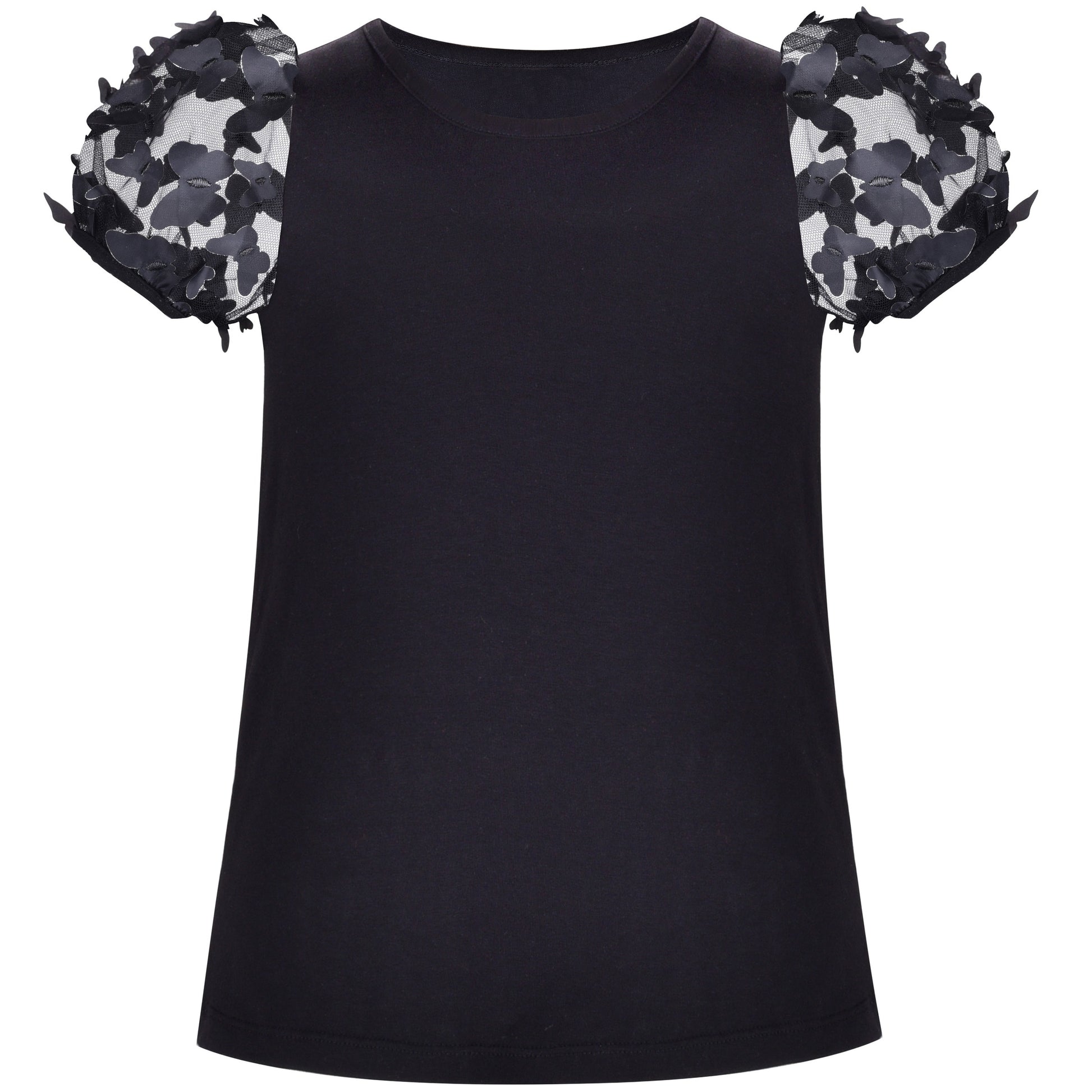 Girls Short Sleeve Tee T-Shirt Gray Butterfly Collar Cotton Black