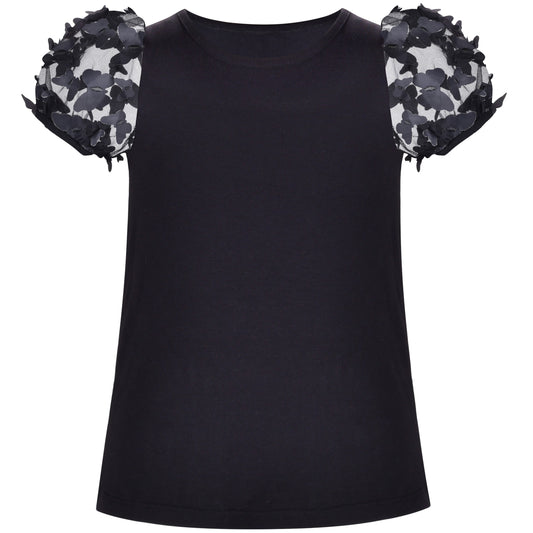 Girls Short Sleeve Tee T-Shirt Gray Butterfly Collar Cotton Black