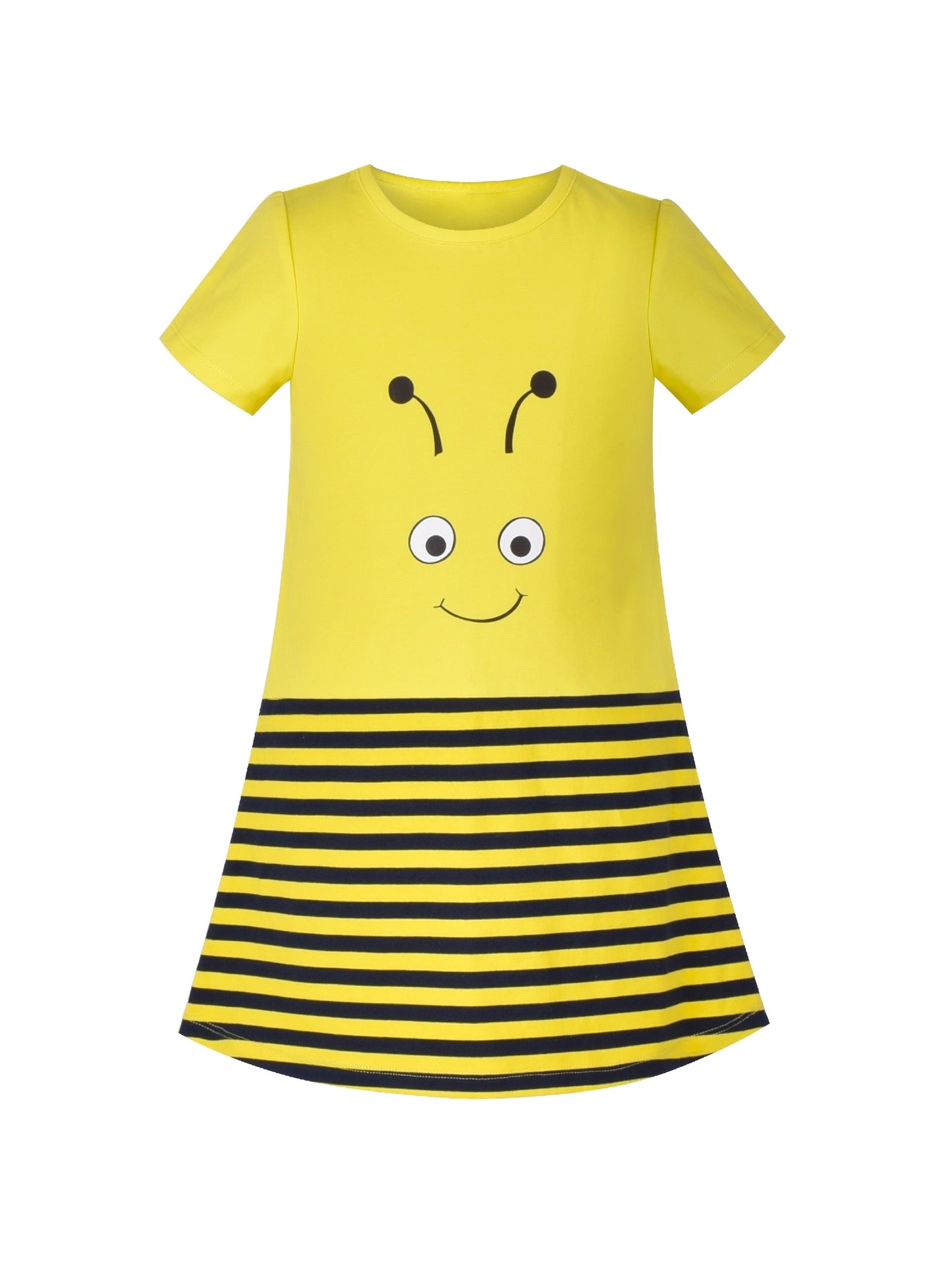 Girls Dress Cotton Green Crocodile Dinosaur Pocket Short Sleeve Yellow