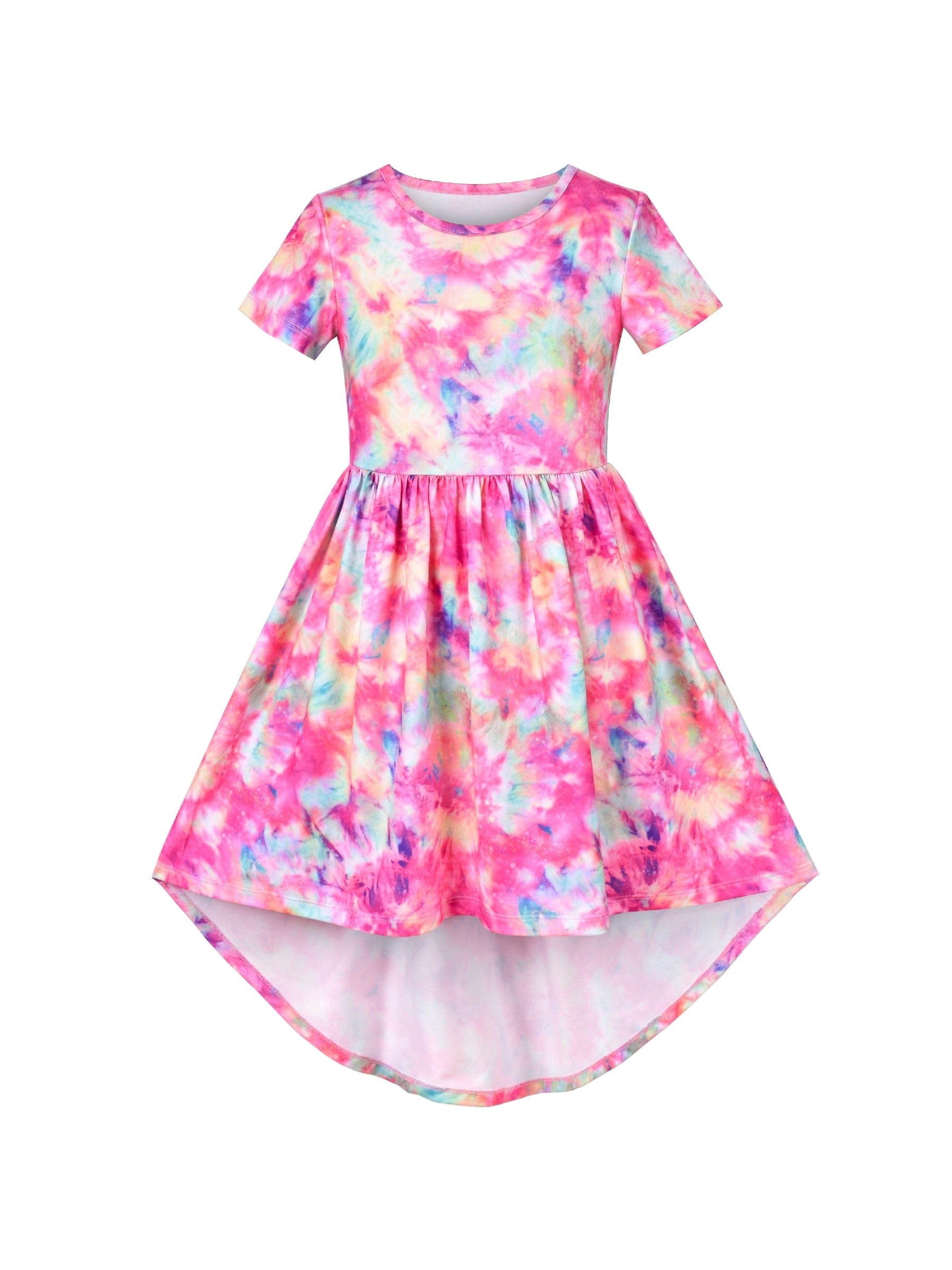 Girls Dress High-Low Fairy Hem Tie-dye Style Casual Short Sleeve Pink