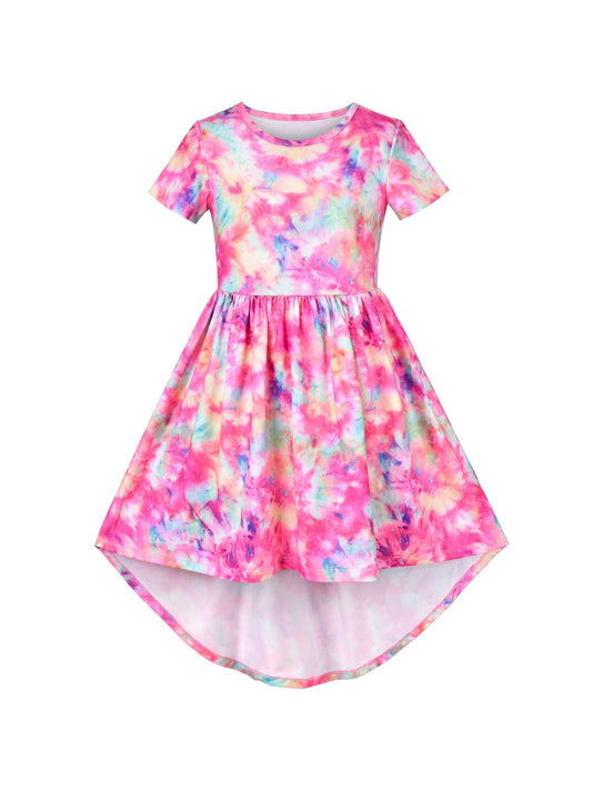 Girls Dress High-Low Fairy Hem Tie-dye Style Casual Short Sleeve Pink