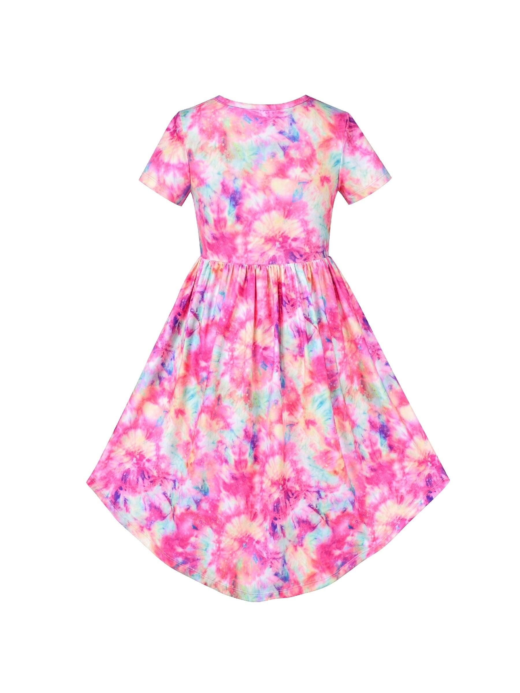 Girls Dress High-Low Fairy Hem Tie-dye Style Casual Short Sleeve Pink