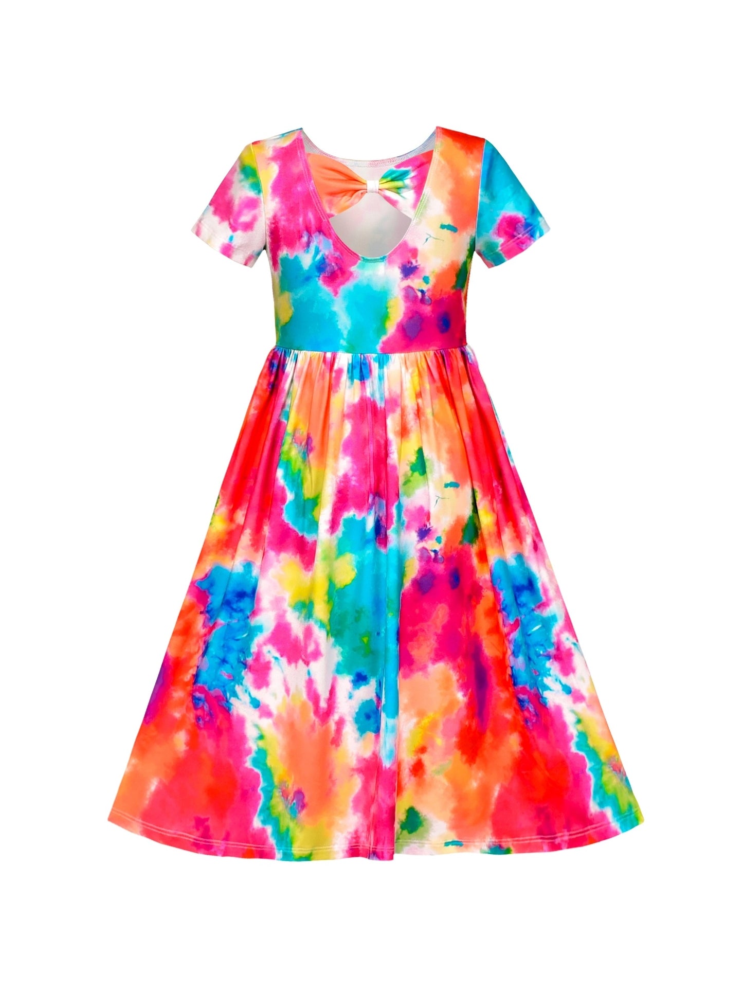 Girls Dress Floral Casual Maxi Dress Short Sleeve Open Back Multi-Color