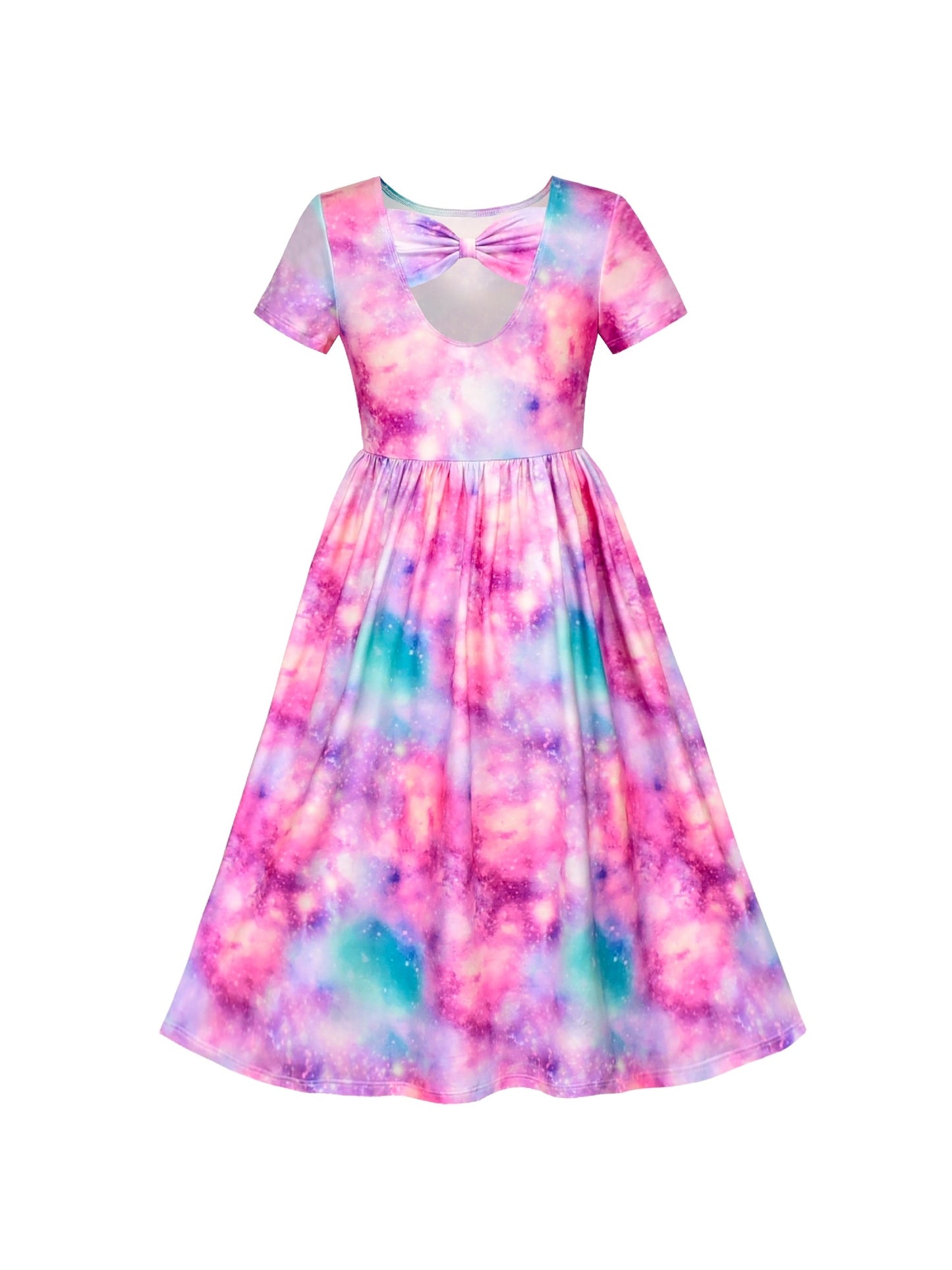 Girls Dress Floral Casual Maxi Dress Short Sleeve Open Back Purple