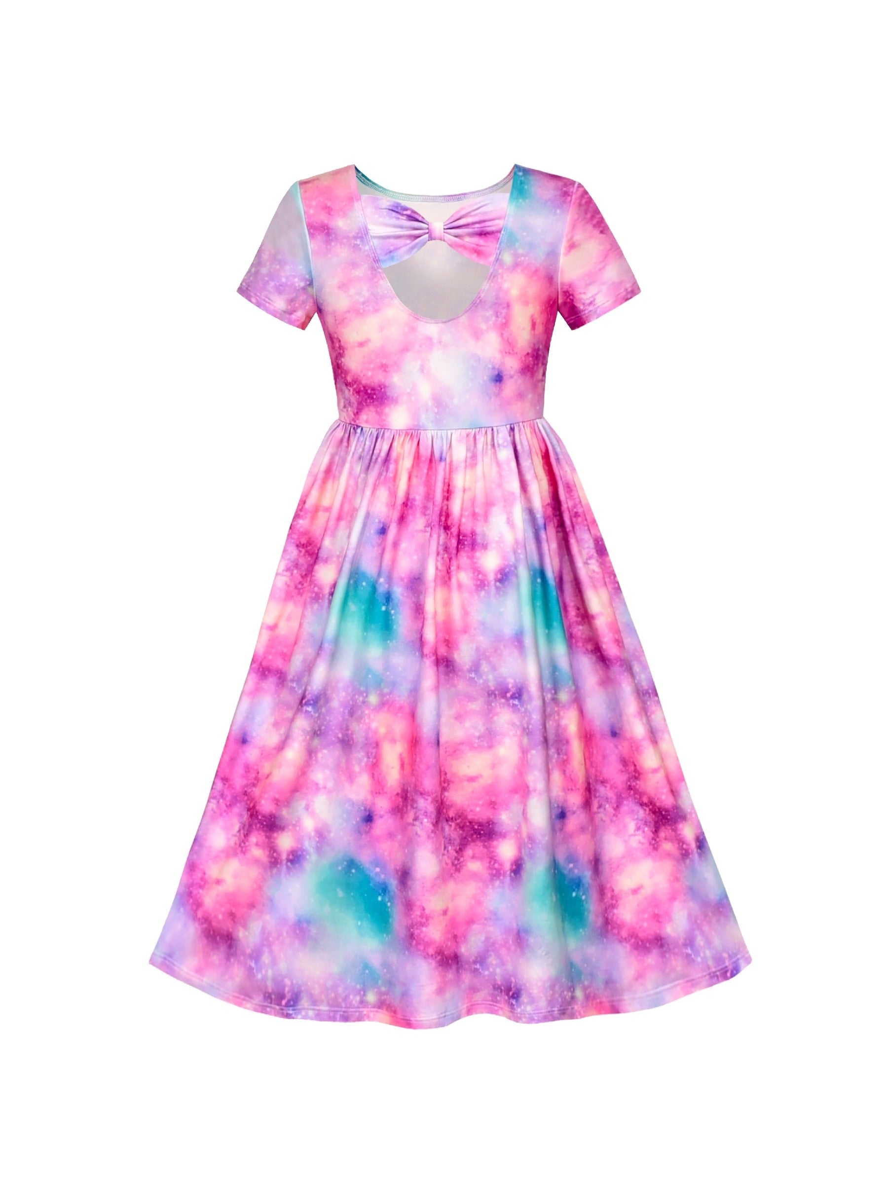 Girls Dress Floral Casual Maxi Dress Short Sleeve Open Back Purple