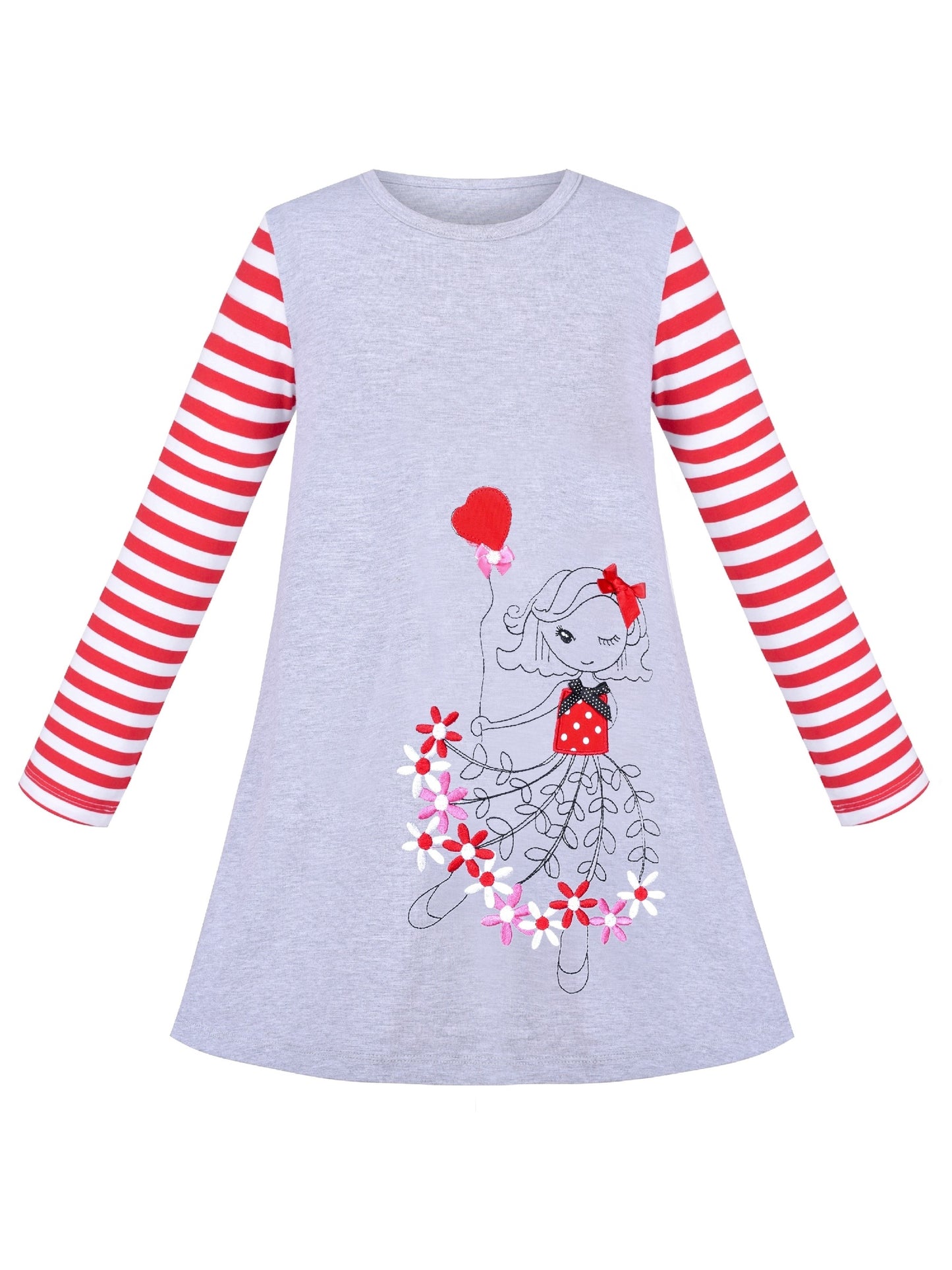 Girls Casual Dress Cotton Long Sleeve Kite Cloud Embroidered Gray