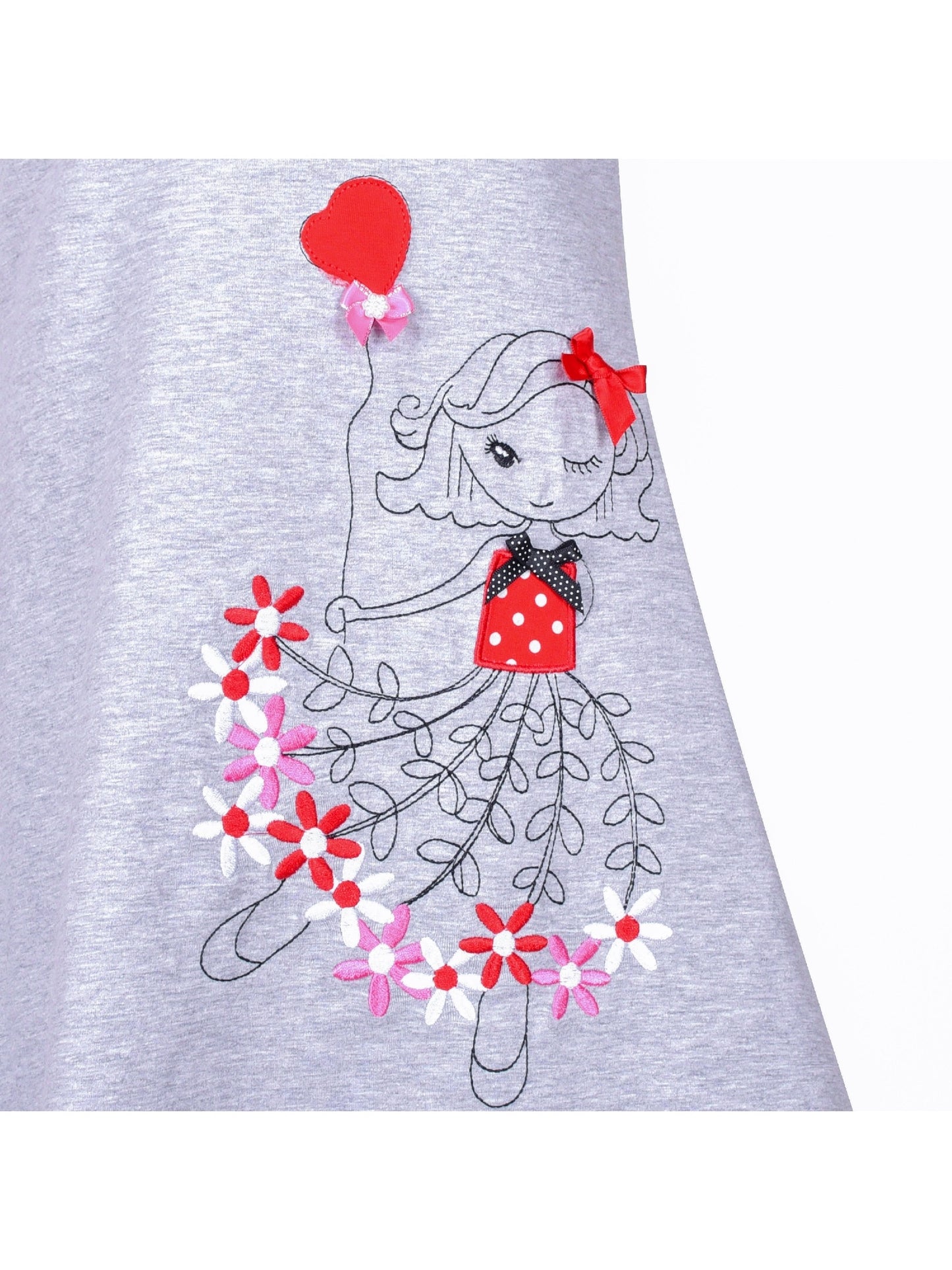 Girls Casual Dress Cotton Long Sleeve Kite Cloud Embroidered Gray