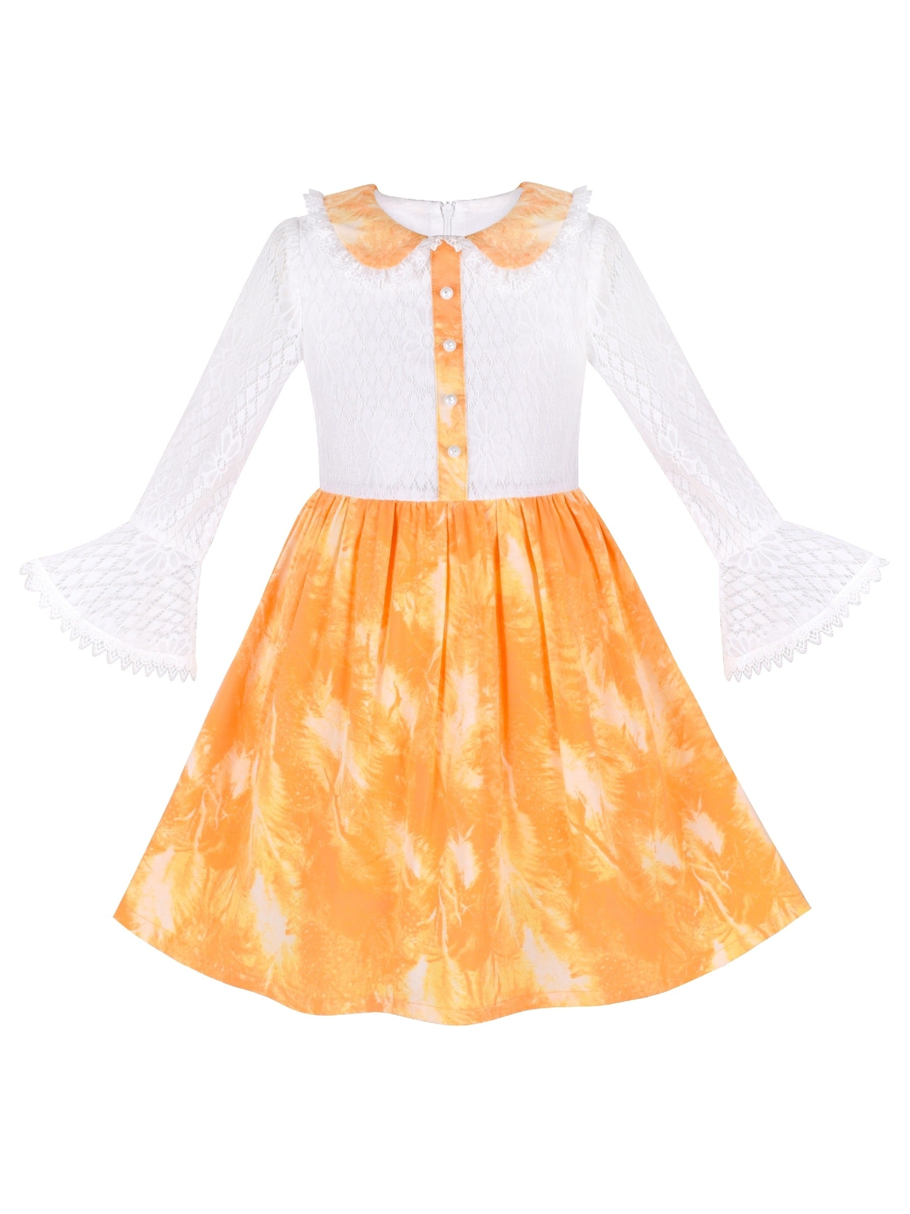 Girls Dress Lace Pearl Plum Blossom Elegant Princess Dress Yellow