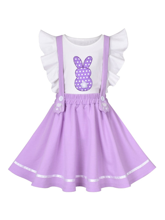 Girls Strap Skirt Set Purple White Dot Bunny Applique Ruffle Sleeve Purple