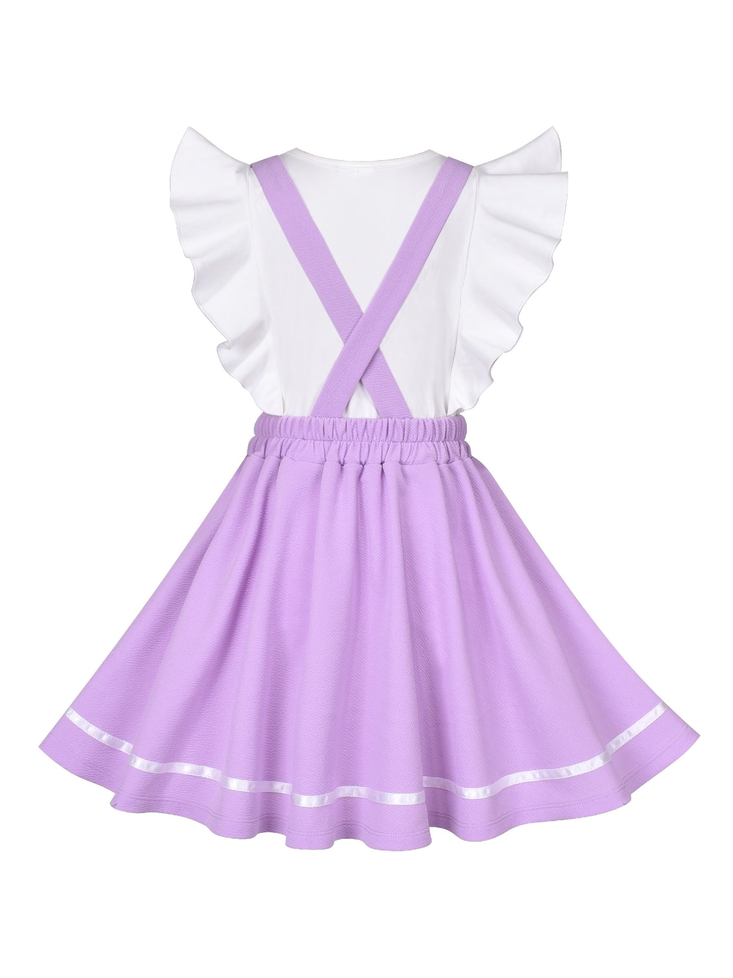 Girls Strap Skirt Set Purple White Dot Bunny Applique Ruffle Sleeve Purple