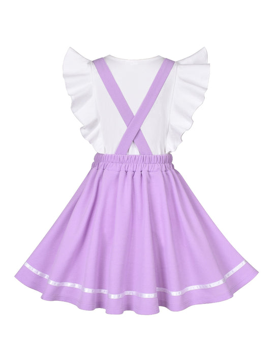 Girls Strap Skirt Set Purple White Dot Bunny Applique Ruffle Sleeve Purple
