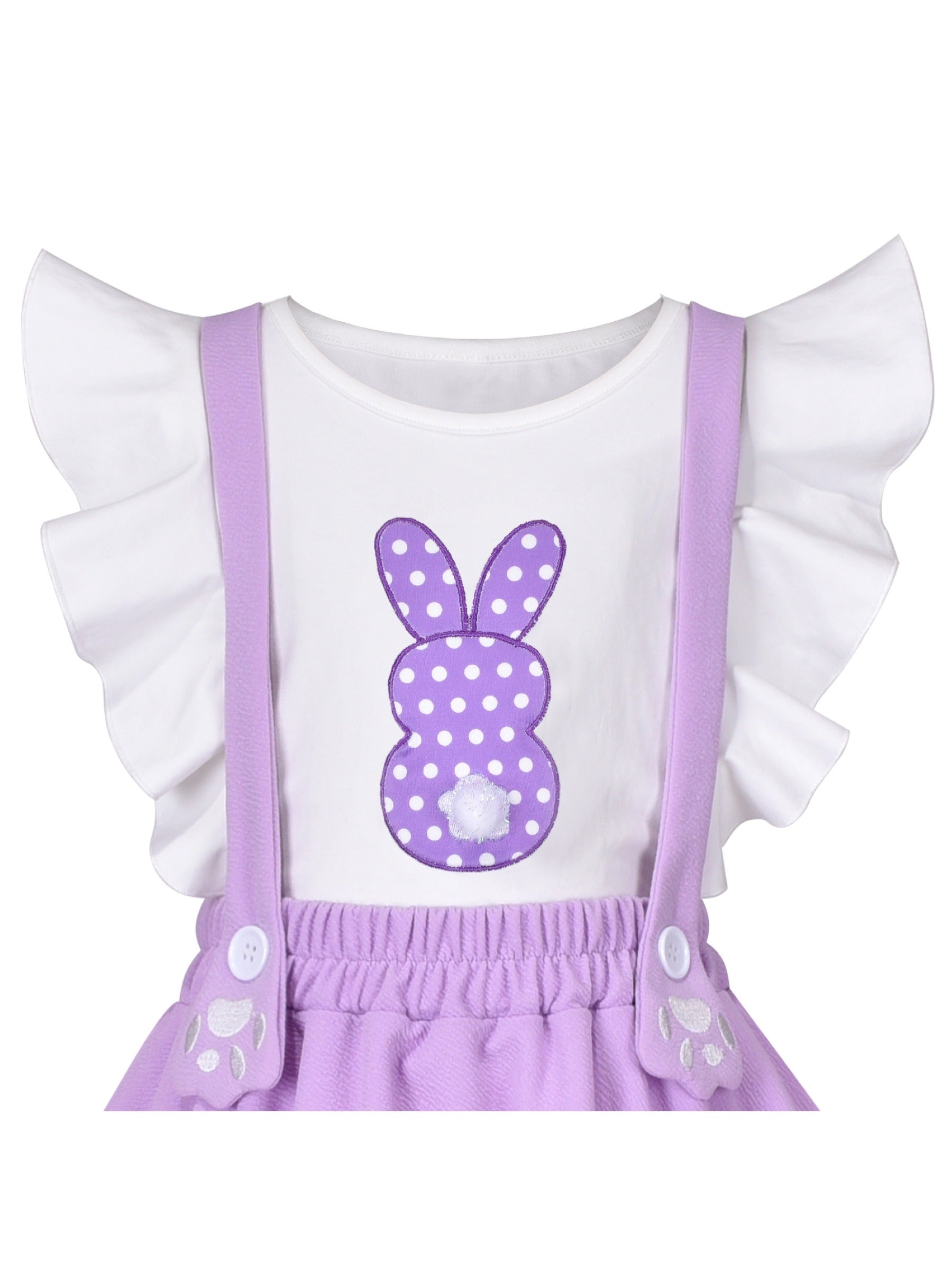 Girls Strap Skirt Set Purple White Dot Bunny Applique Ruffle Sleeve Purple