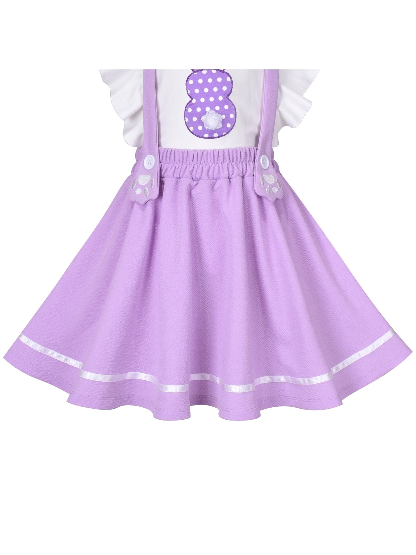 Girls Strap Skirt Set Purple White Dot Bunny Applique Ruffle Sleeve Purple