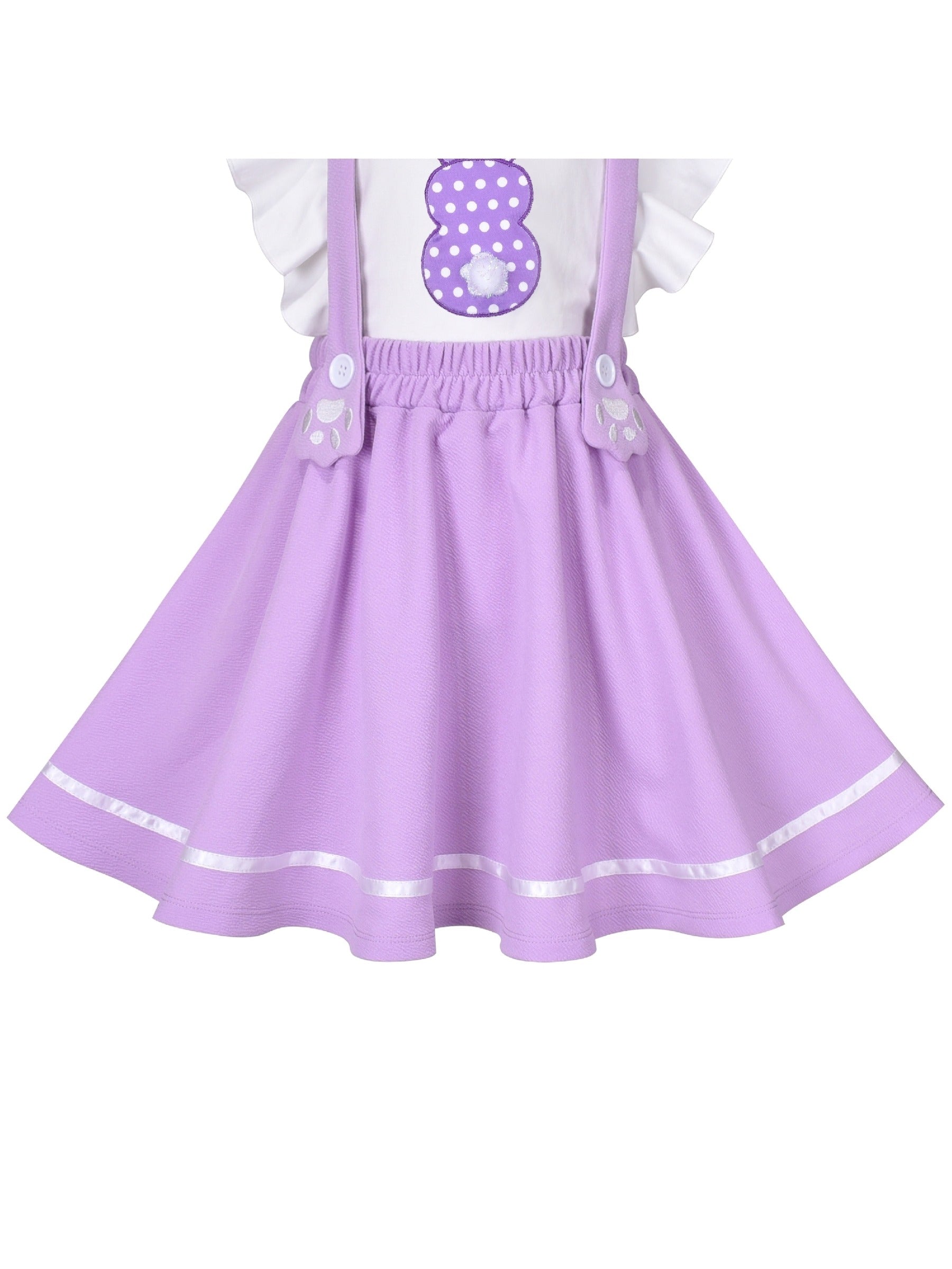 Girls Strap Skirt Set Purple White Dot Bunny Applique Ruffle Sleeve Purple