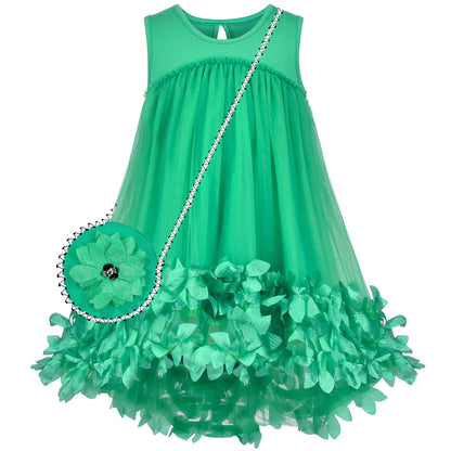 Girls Dress Turquoise Dimensional Flower Birthday Wedding Dress - Green