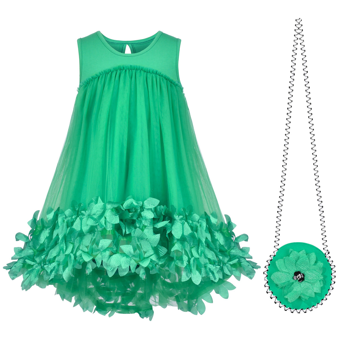 Girls Dress Turquoise Dimensional Flower Birthday Wedding Dress - Green