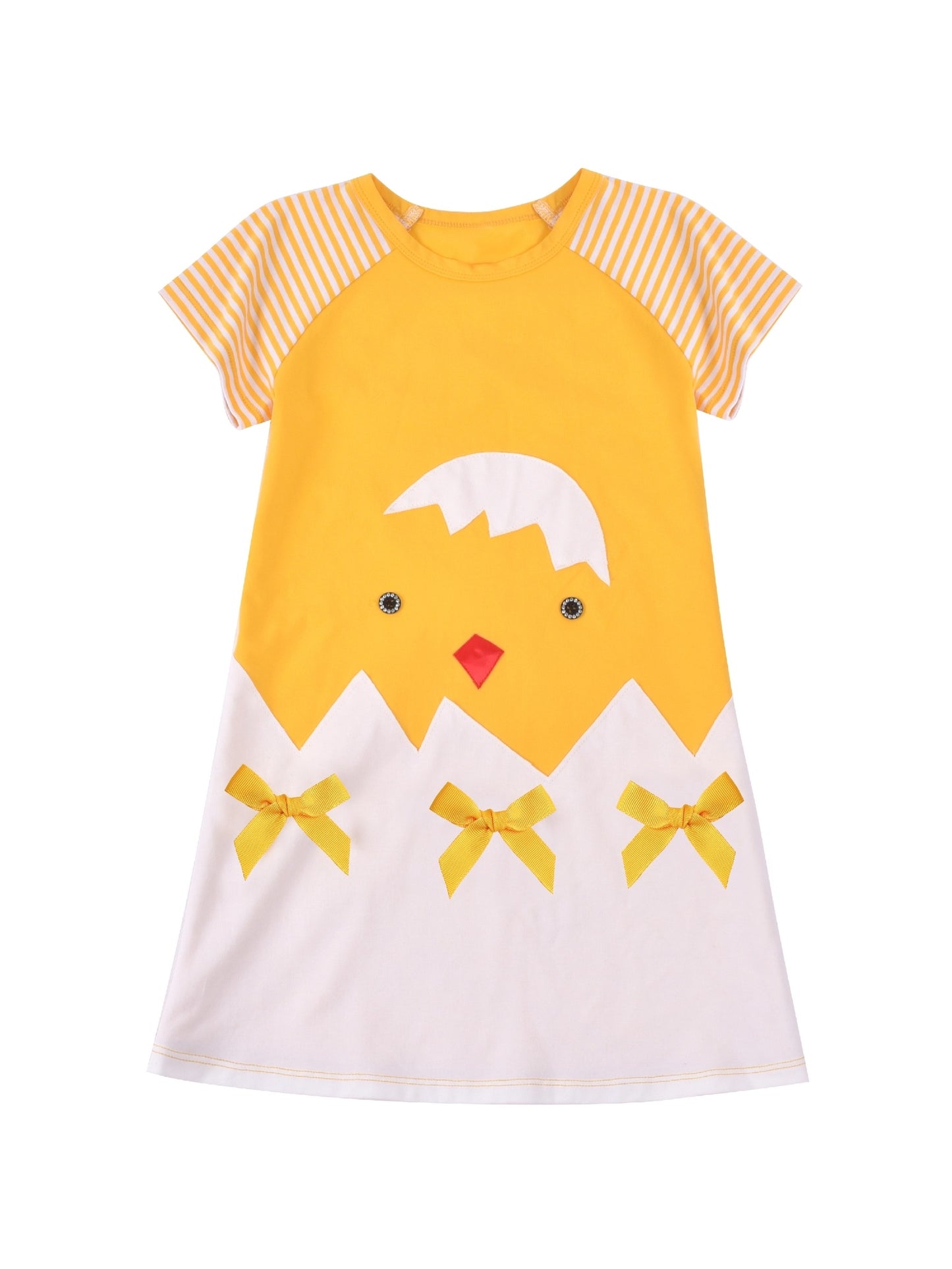 Girls Dress Cotton Green Crocodile Dinosaur Pocket Short Sleeve Yellow