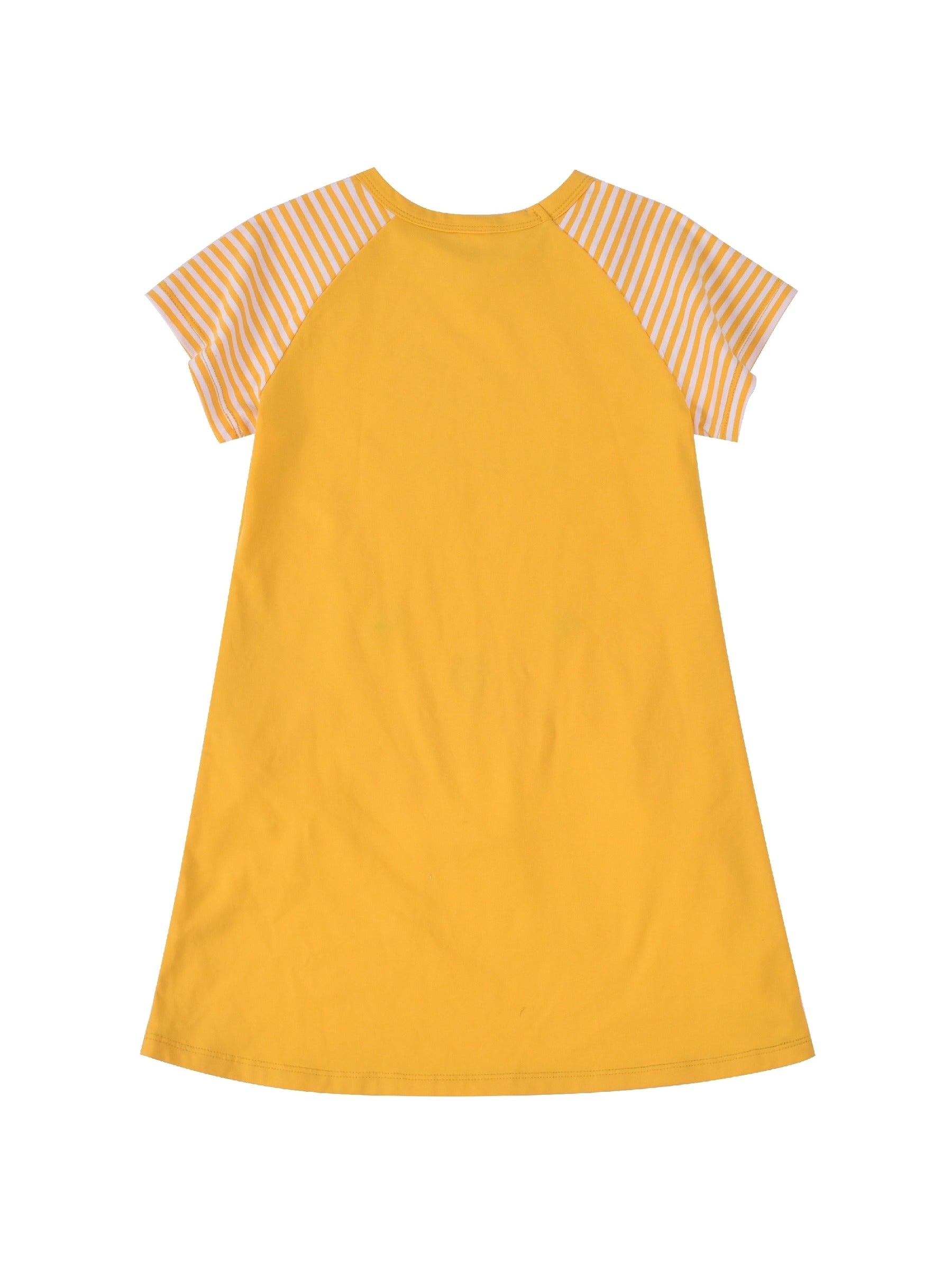 Girls Dress Cotton Green Crocodile Dinosaur Pocket Short Sleeve Yellow