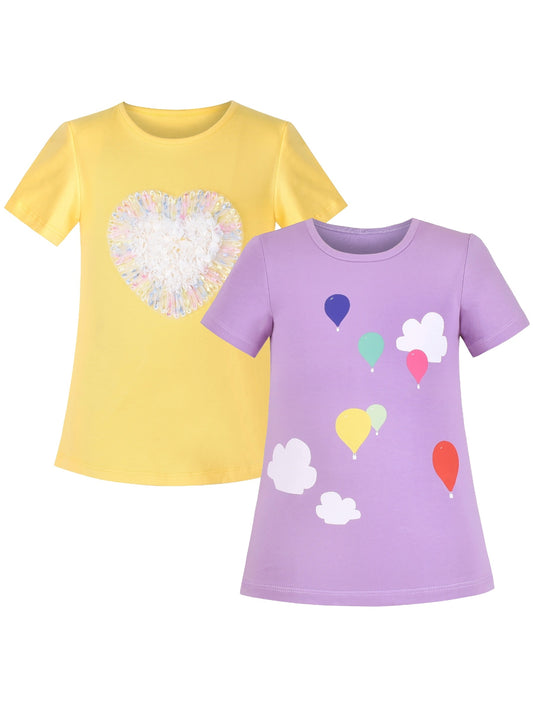 Girls Cotton T-shirt Purple Balloon Yellow Heart Graphic Short Sleeve Multi-Color