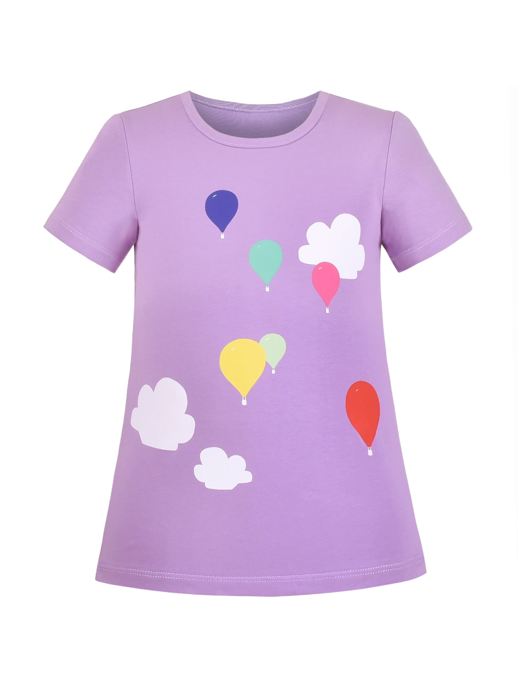 Girls Cotton T-shirt Purple Balloon Yellow Heart Graphic Short Sleeve Multi-Color