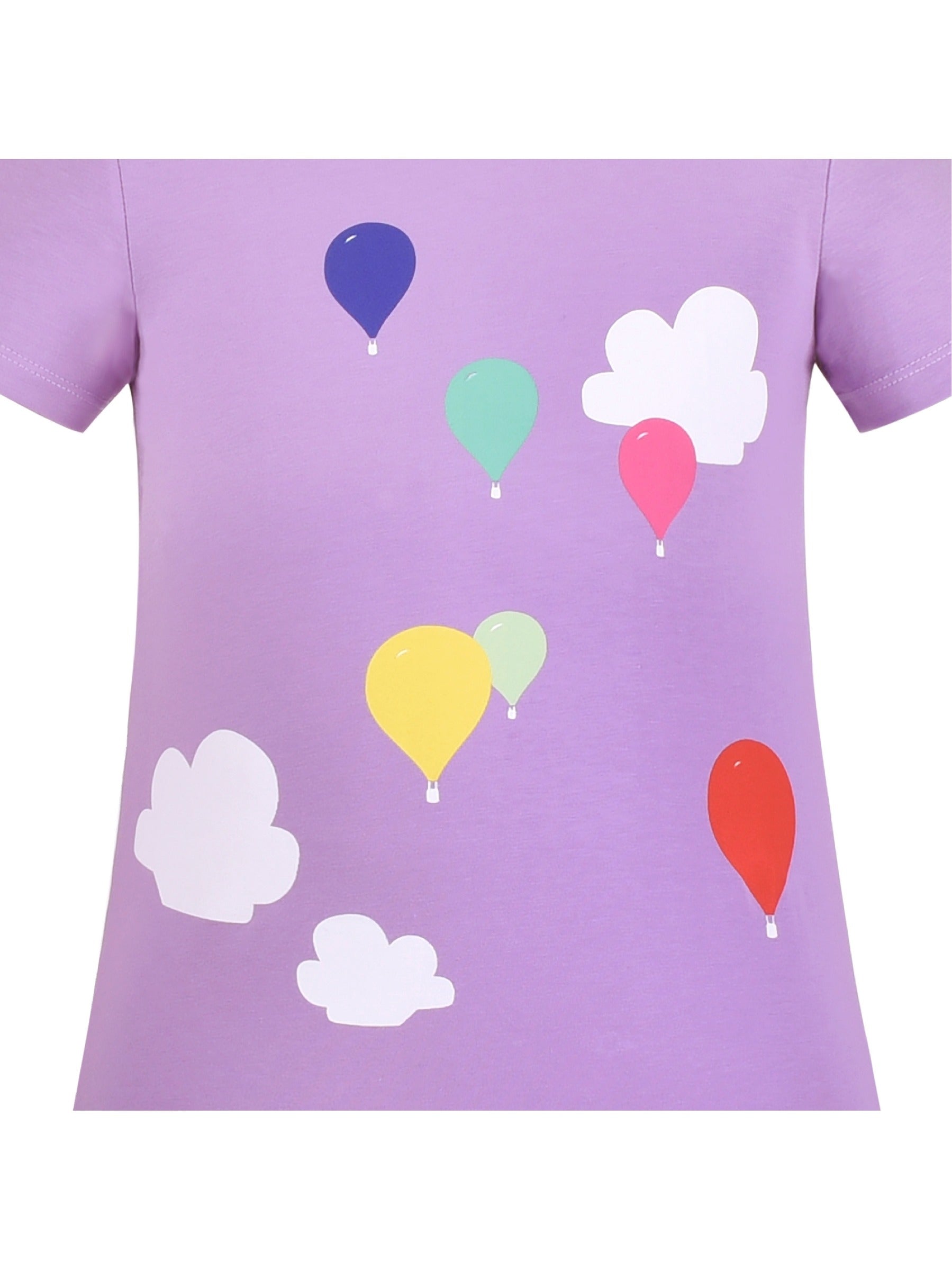 Girls Cotton T-shirt Purple Balloon Yellow Heart Graphic Short Sleeve Multi-Color